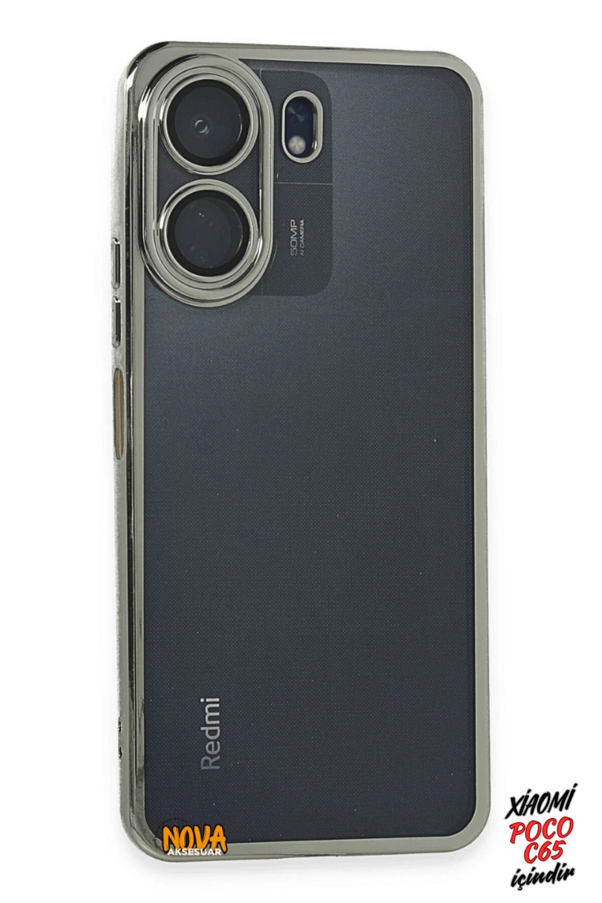 cepmoda Xiaomi POCO C65 - Yanları Renkli Kamera Lens Korumalı Şeffaf Kapak/Kılıf - Gümüş