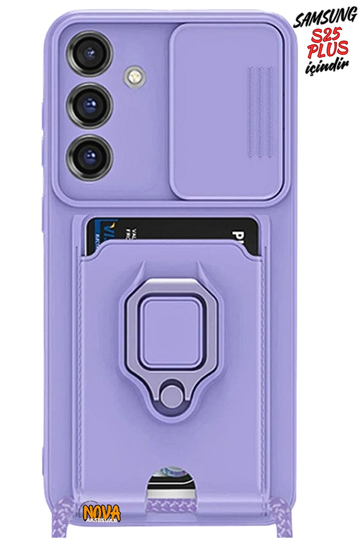 cepmoda SAMSUNG GALAXY S25 PLUS Boyun Askılı Kılıf | Ring Stand ipli Kamera Sürgülü Kapak - LİLA