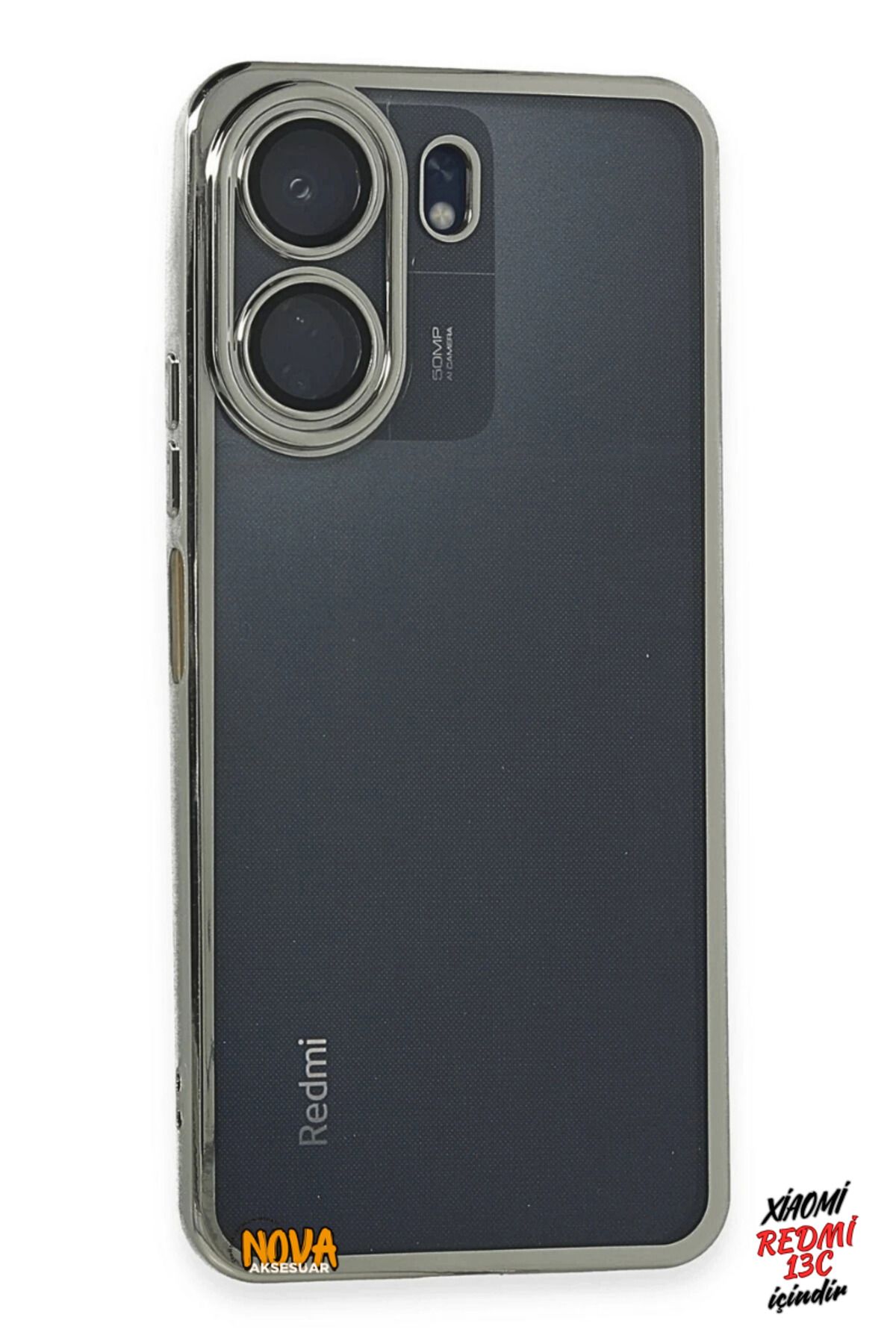 cepmoda Xiaomi Redmi 13C / POCO C65 - Yanları Renkli Kamera Lens Korumalı Şeffaf Kapak/Kılıf - Gümüş
