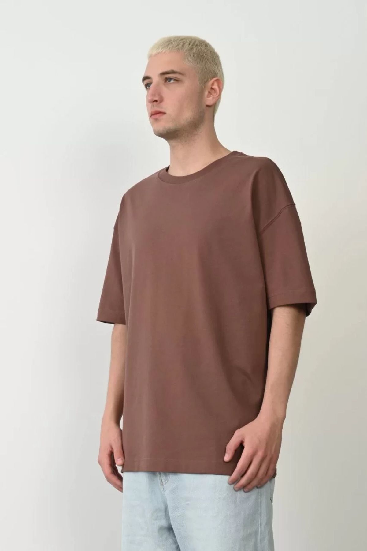 FantaziAtölyesi Unisex Basic Bisiklet Yaka Oversize T-Shirt - Mürdüm