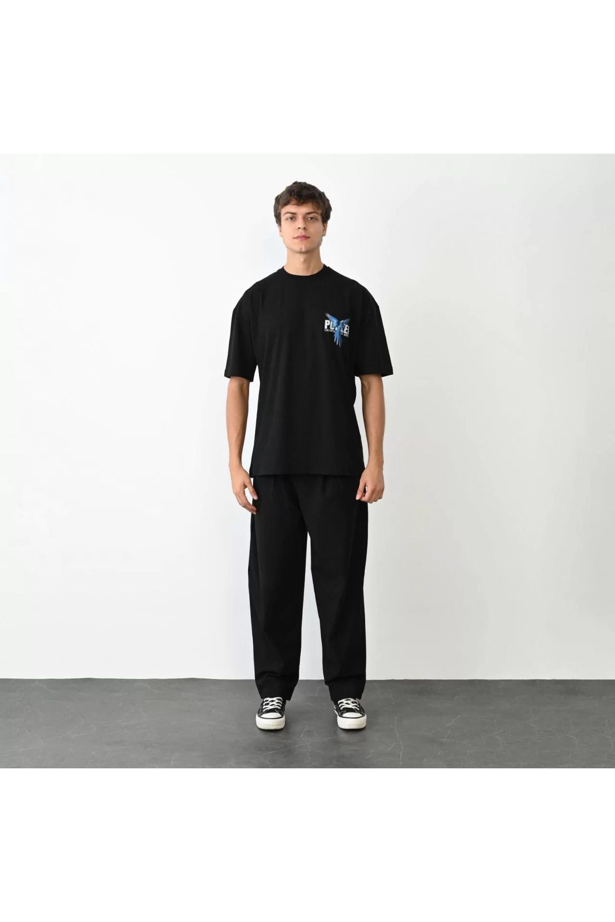 FantaziAtölyesi Unisex Bisiklet Yaka Baskılı Oversize T-Shirt - Siyah