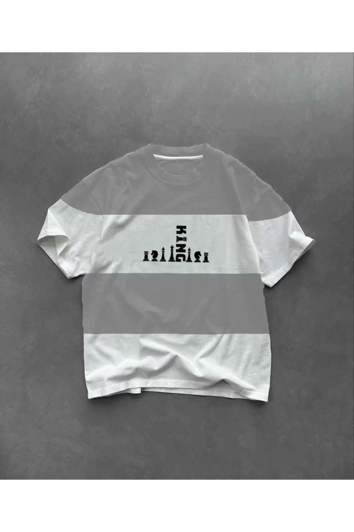 FantaziAtölyesi Unisex Bisiklet Yaka Baskılı Parçalı Oversize T-Shirt - Gri