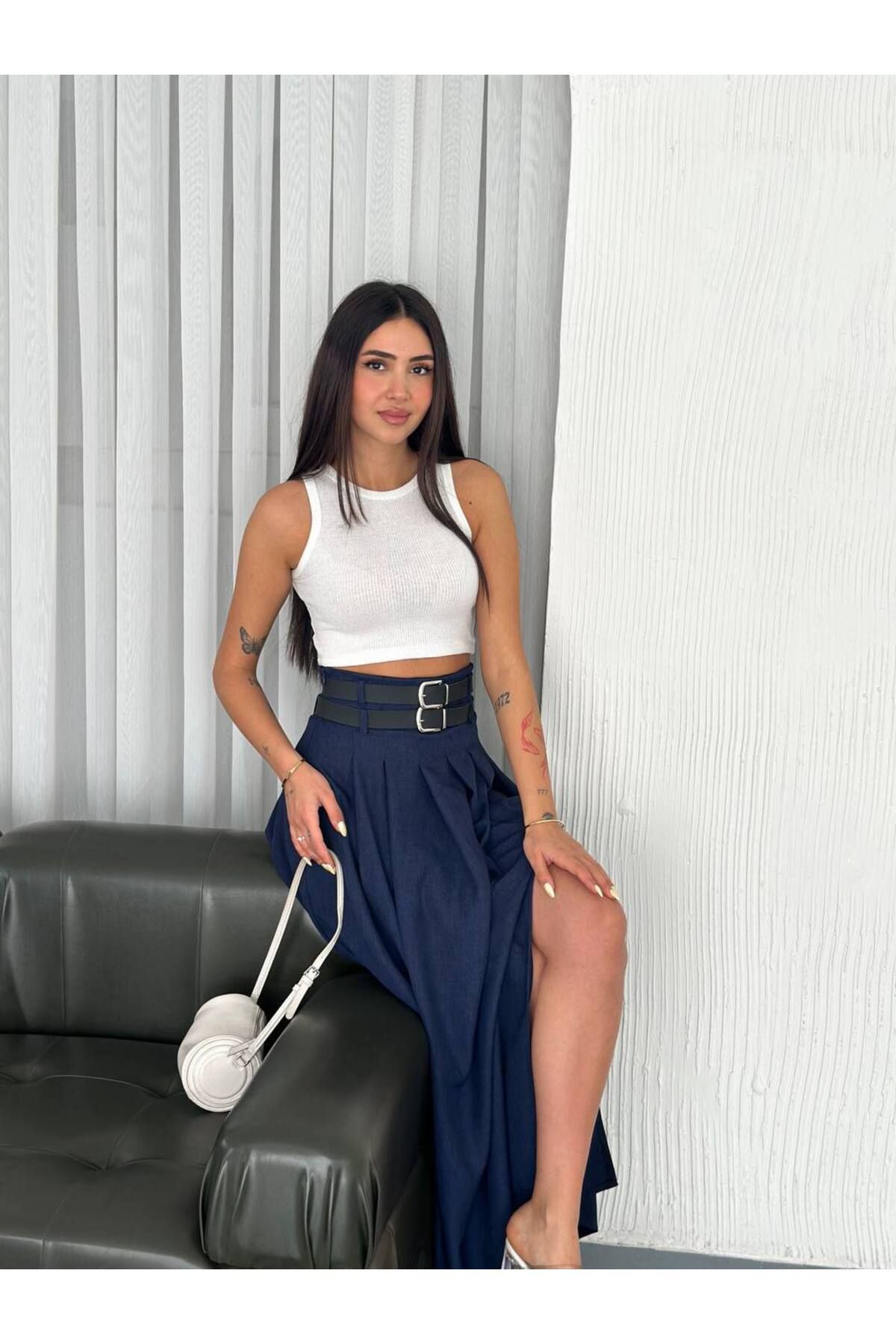 Castivo Fashion Double Kemer Detaylı Yüksek Bel Yırtmaçlı Maxi Pile Etek