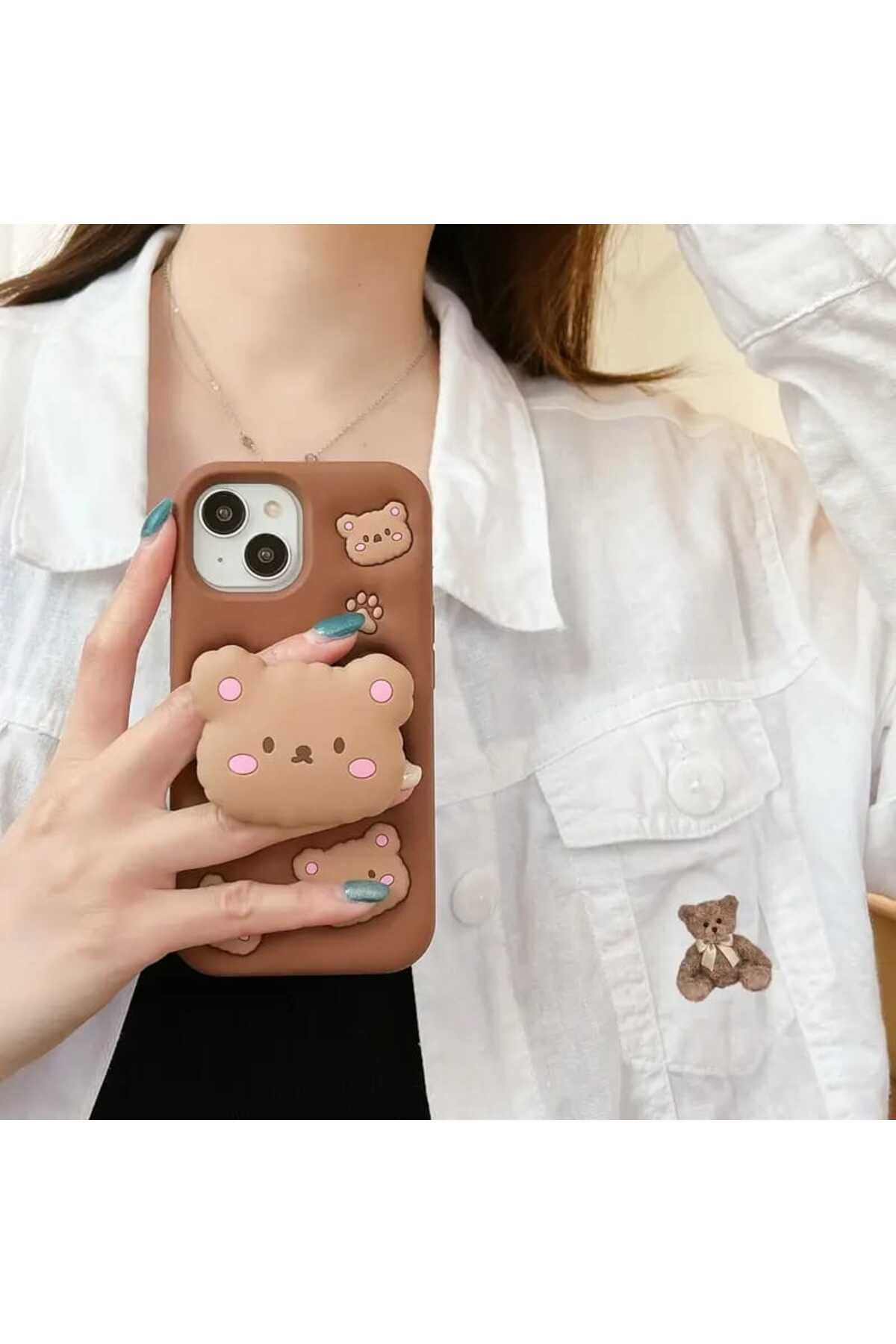 shop İphone 13/14 Uyumlu Standlı Sevimli Ayıcık Figürlü Yumuşak Slikon&Kapak Kılıf