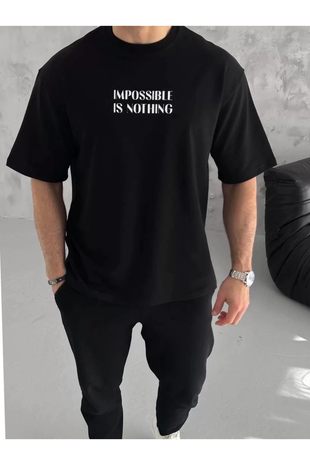 FantaziAtölyesi Unisex Bisiklet Yaka Baskılı Oversize T-Shirt - Siyah