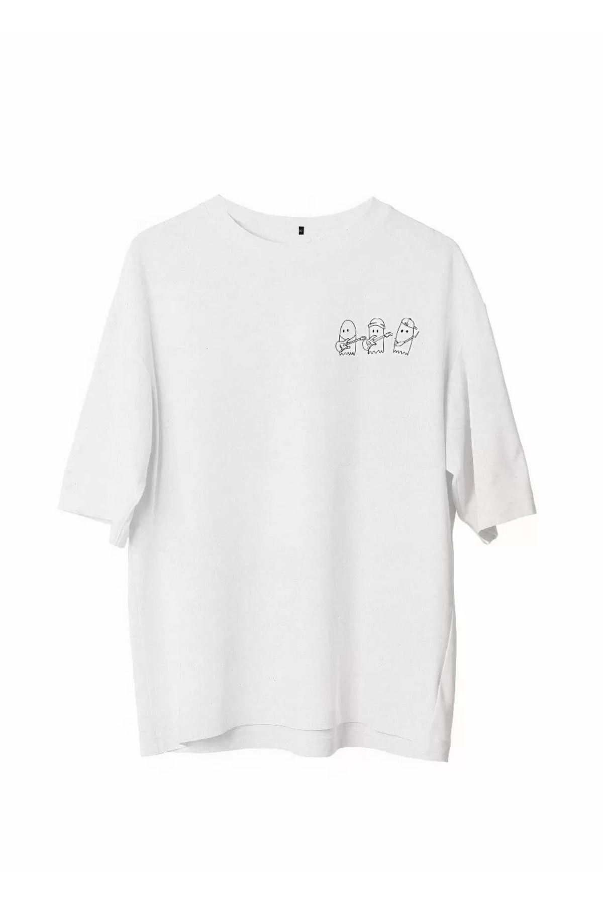 FantaziAtölyesi Unisex Bisiklet Yaka Baskılı Oversize T-Shirt - Beyaz