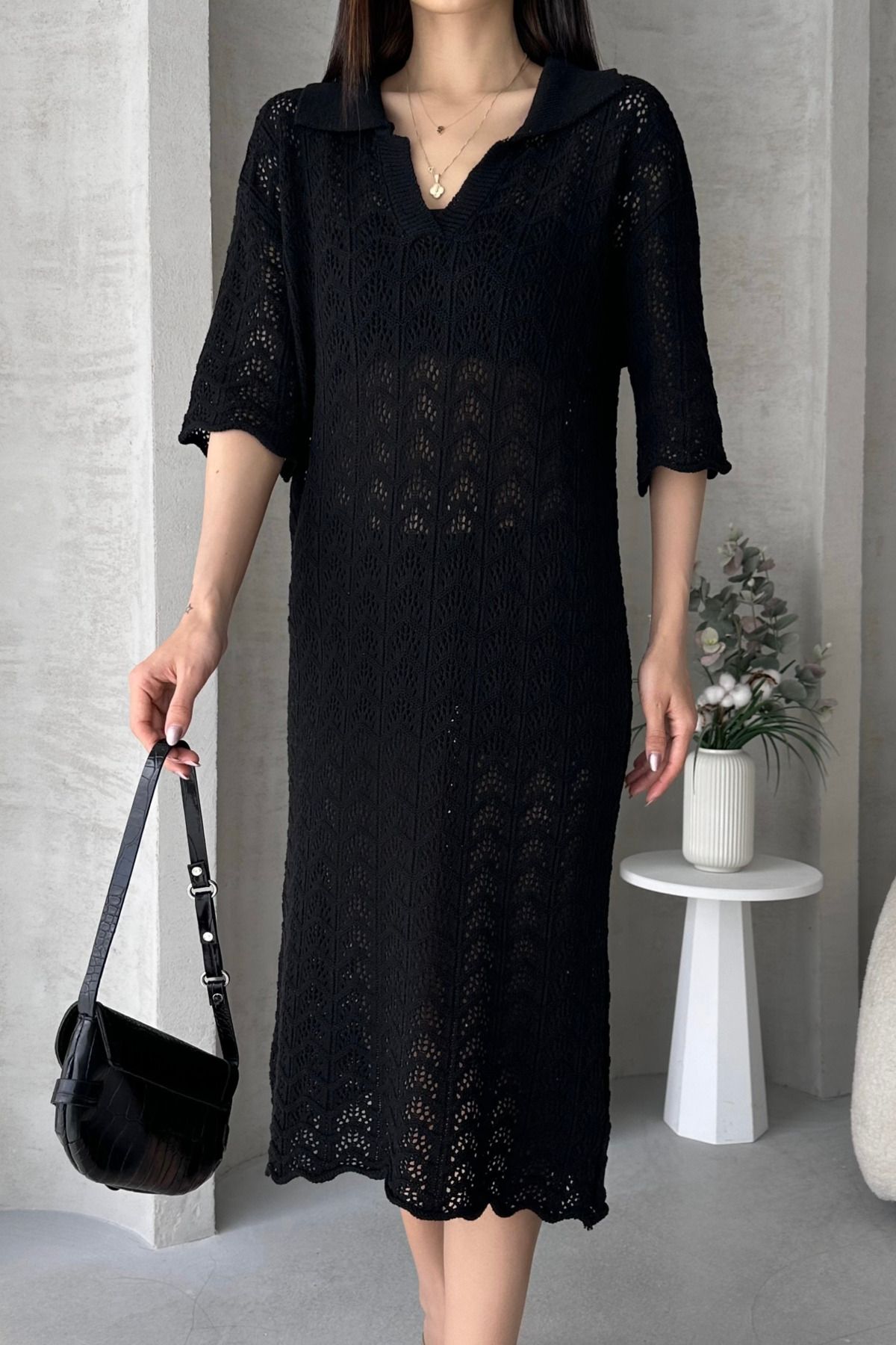 Caddebostan Moda V Yaka Delik İşi Örme %100 Pamuk Kadın Triko Elbise
