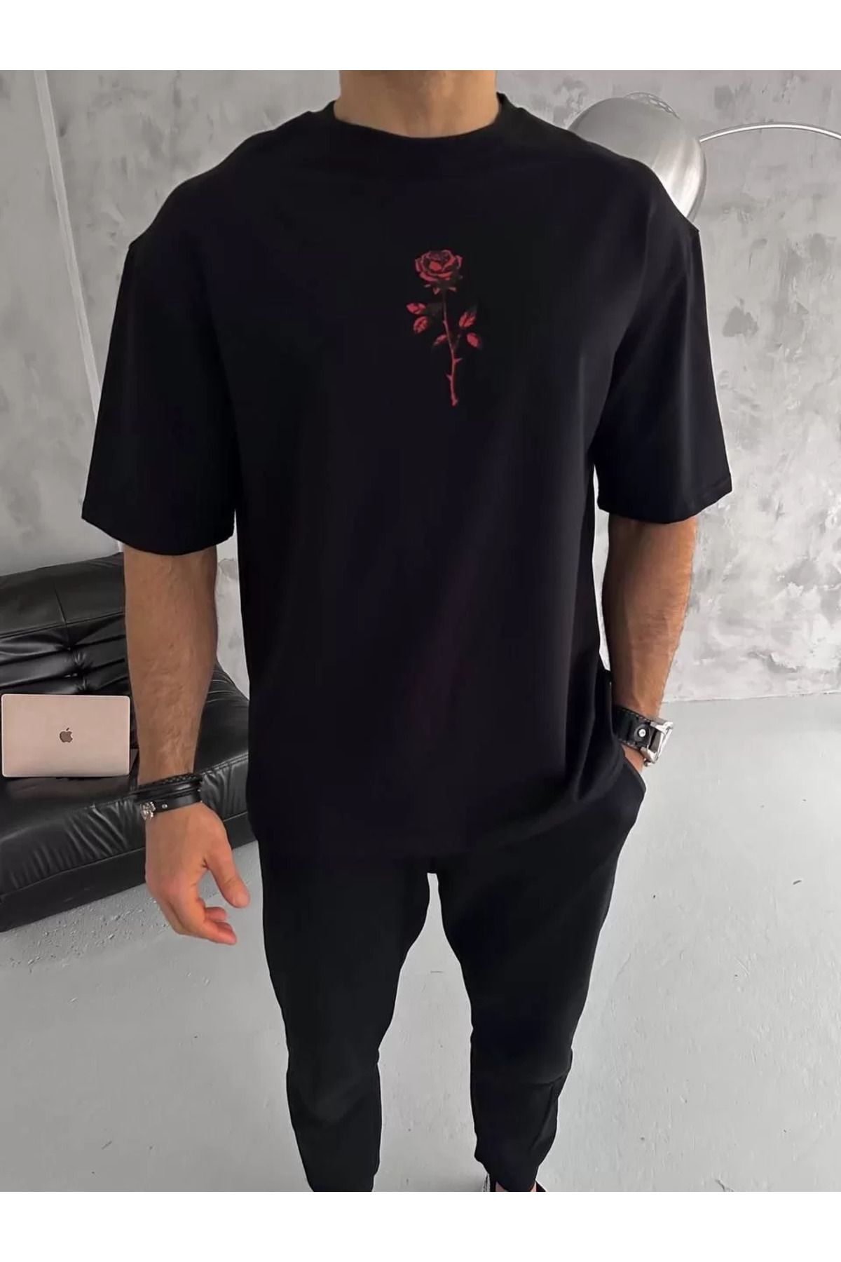 FantaziAtölyesi Unisex Bisiklet Yaka Baskılı Oversize T-Shirt - Siyah
