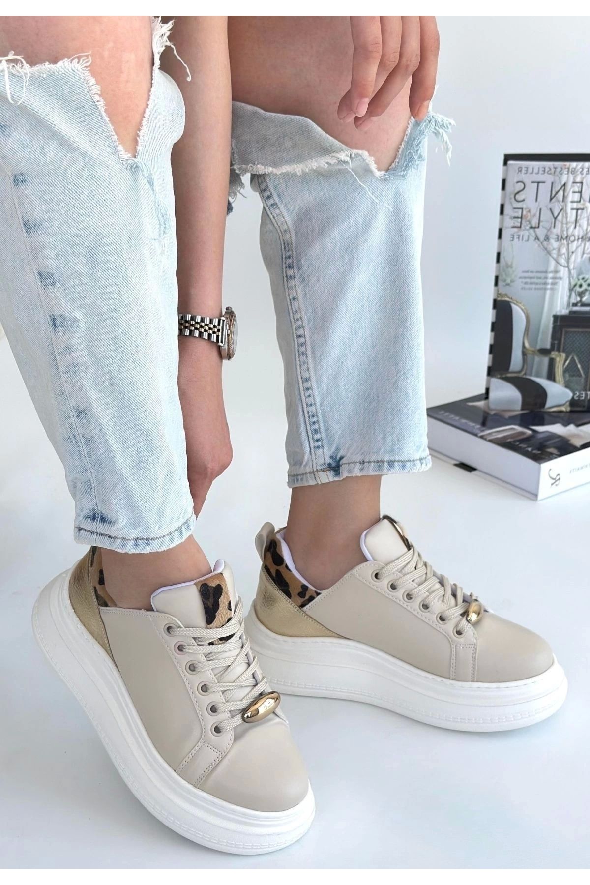 ufukmoda Gasta Bej Cilt Sarı Detaylı Bağcıklı Spor Ayakkabı