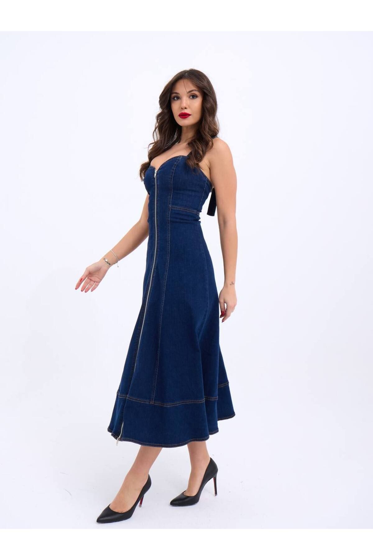 Castivo Fashion “Fermuar Detaylı Denim Midi Elbise