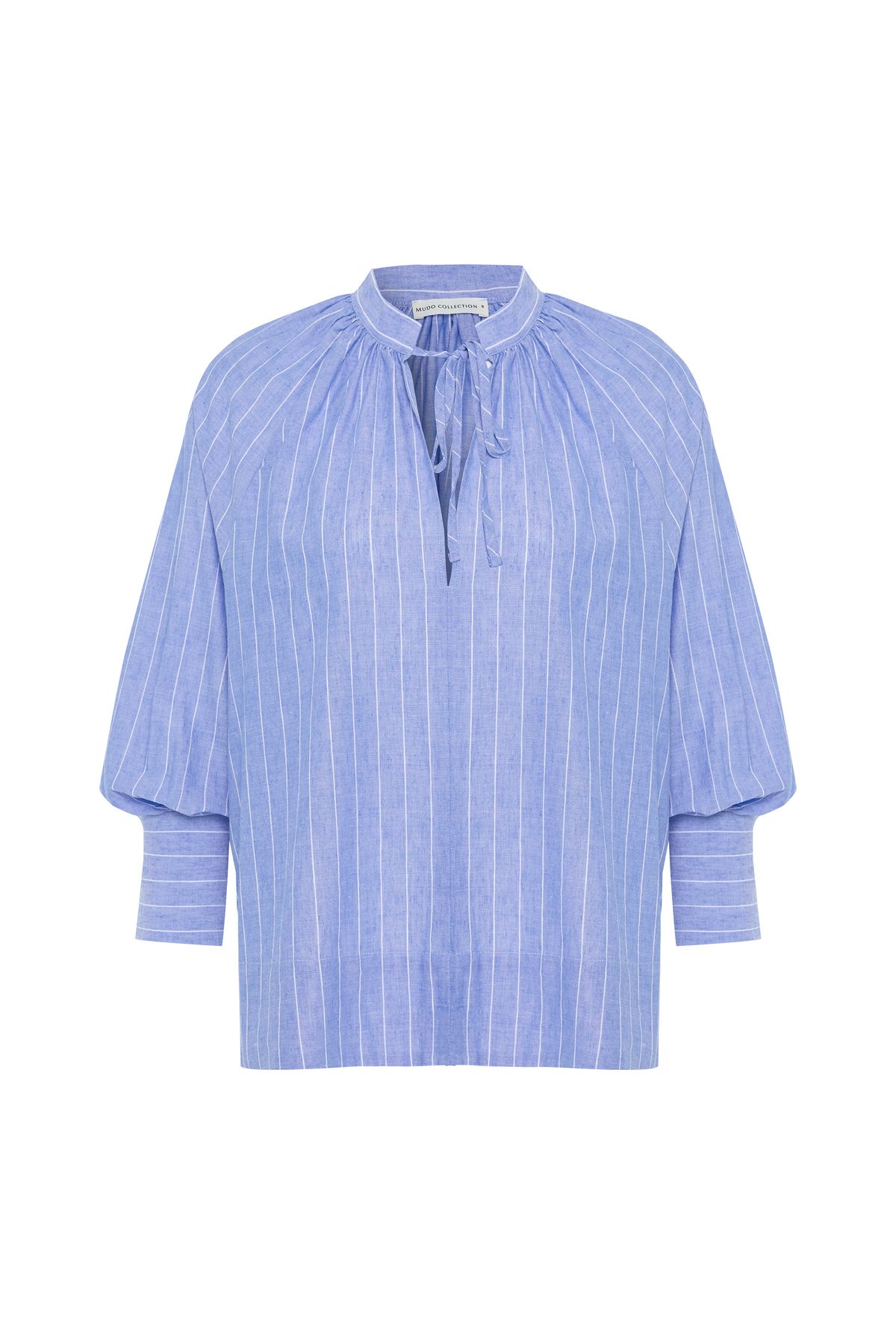 Mudo ÇİZGİLİ OVERSIZE BAĞLAMALI YAKA KETEN KARIŞIMLI BLUZ