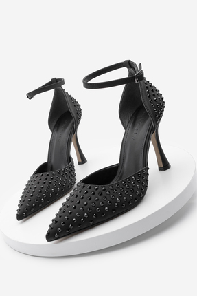 Marjin Kadın Stiletto Sivri Burun Bilekten Bağlamalı Taşlı Klasik Topuklu Aya...