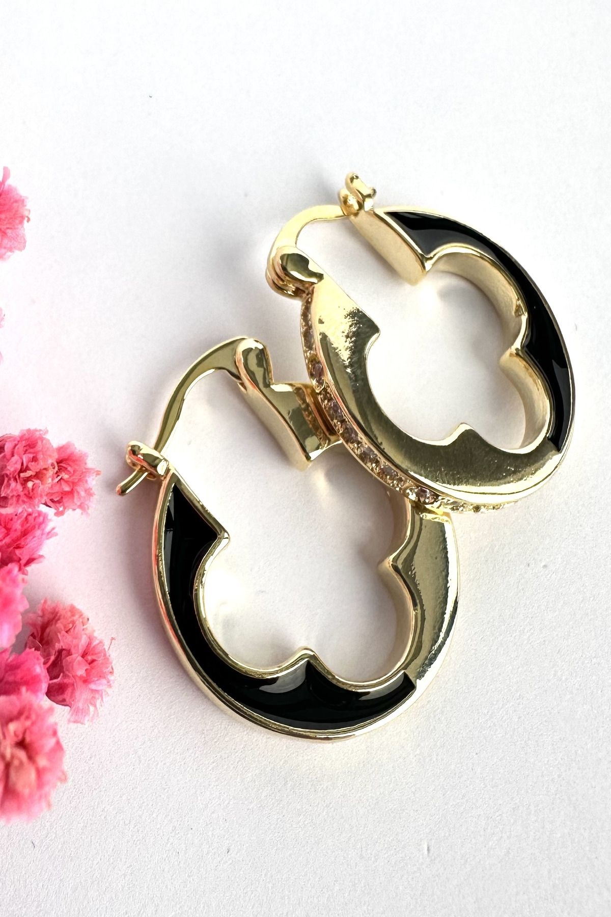 stainles steel Çelik Gold ve Siyah Detaylı Halka Küpe
