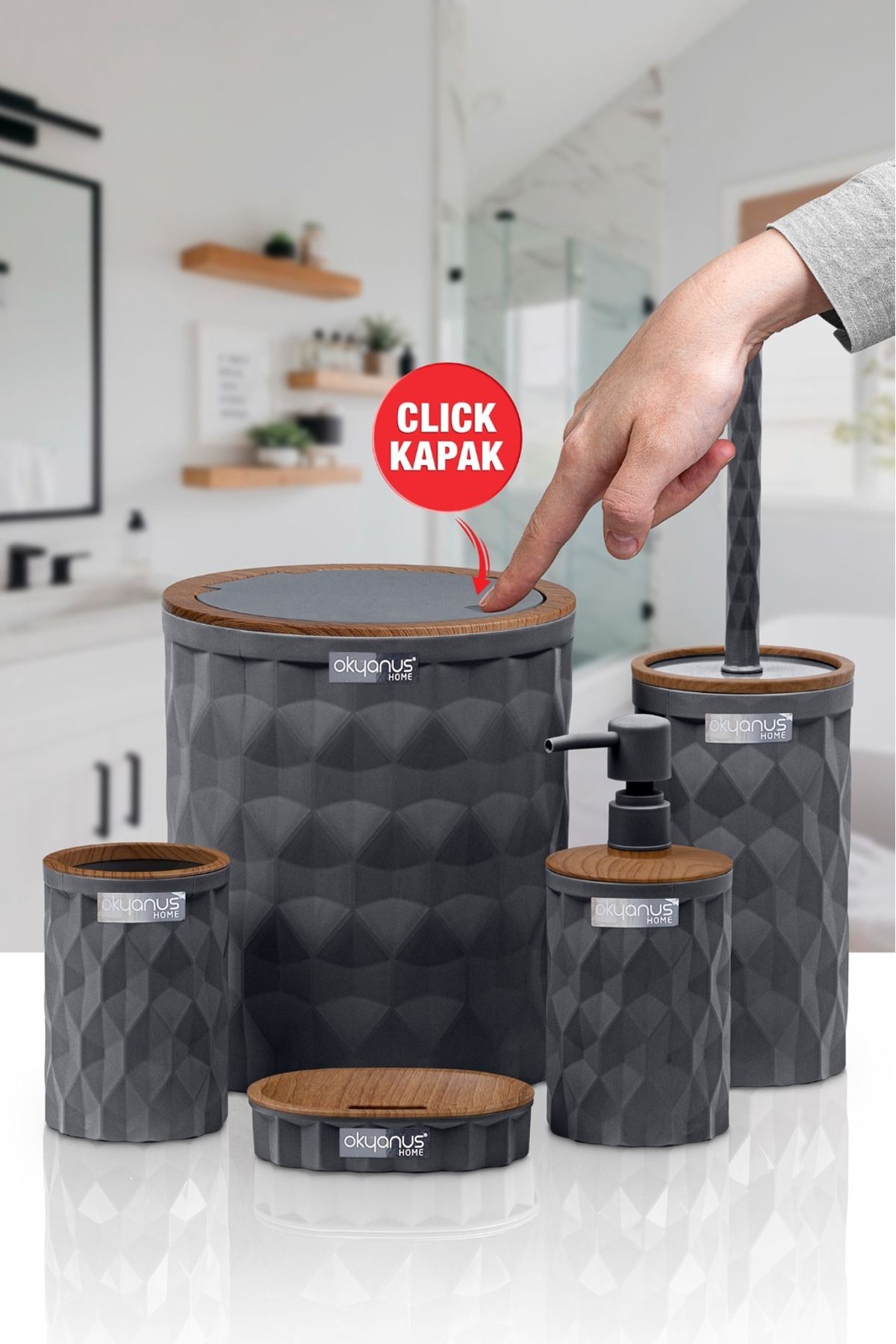 Diamond Antrasit Ahşap Click Kapak 5'li Banyo Seti