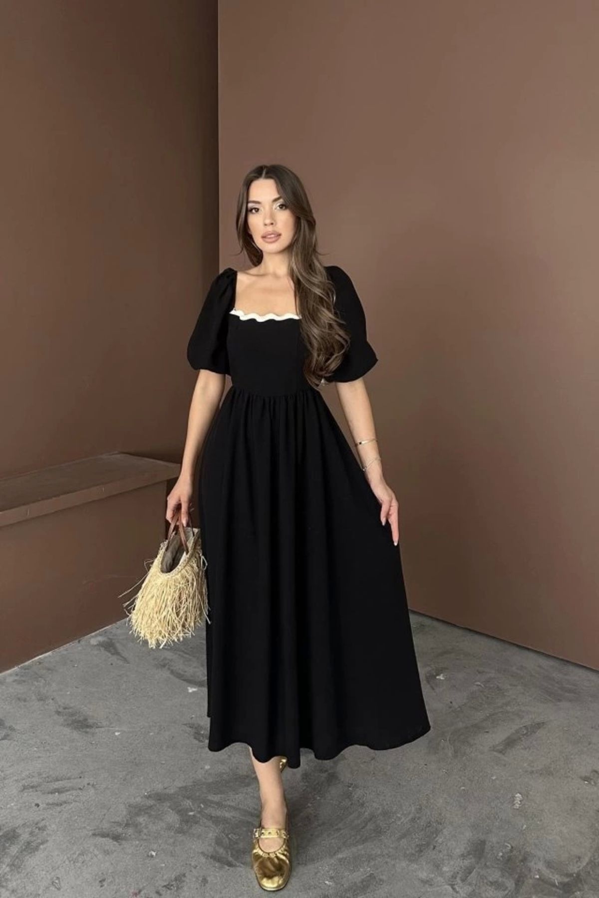 Butik Siyah Arkası Bağlamalı Keten Elbise