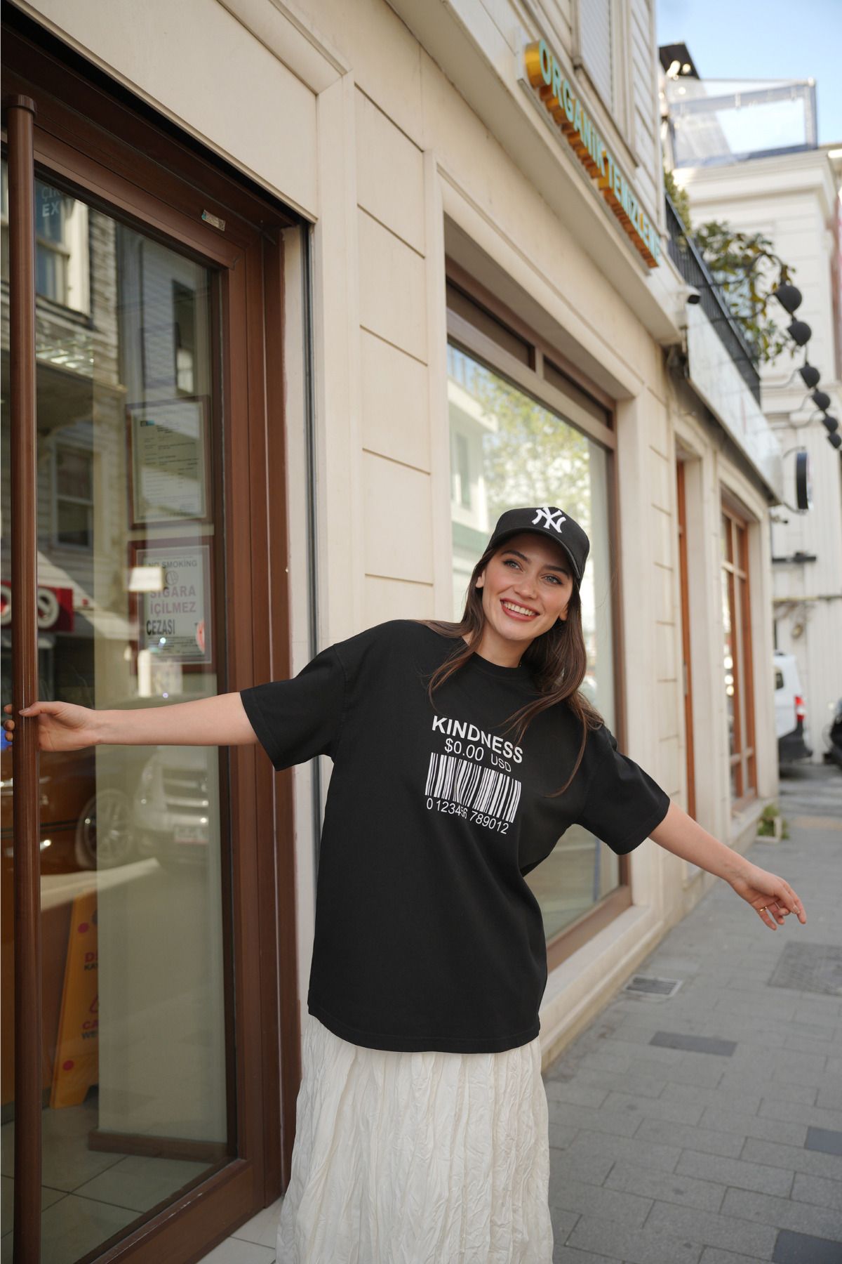 Molly Nelly Kadın Siyah Çekmeyen Baskılı Oversize Bisiklet Yaka Kısa Kol Penye T-shirt