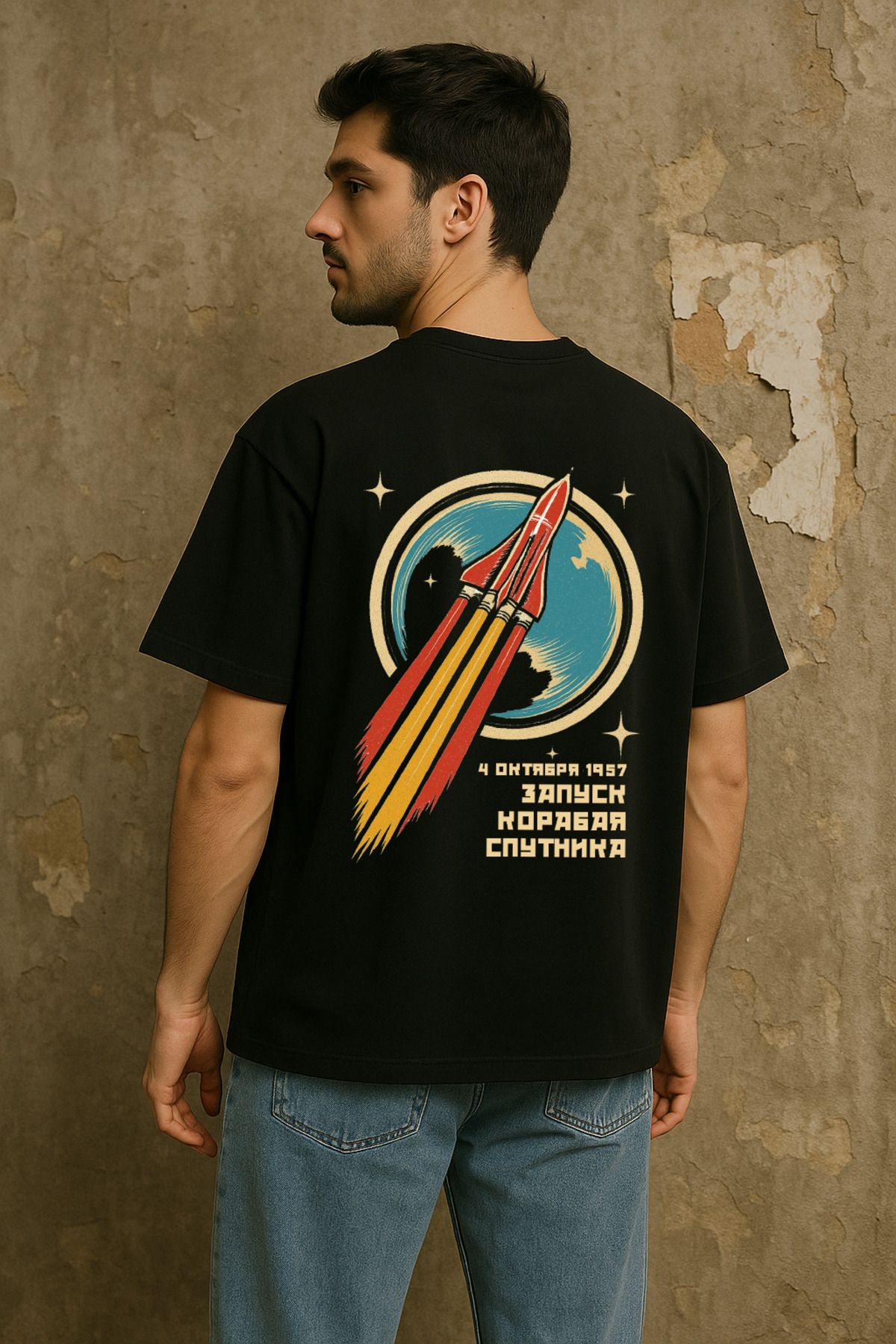 wolka Sputnik Uzay Roketi Baskılı Unisex %100 Pamuk Oversize Bisiklet Yaka Siyah T-shirt