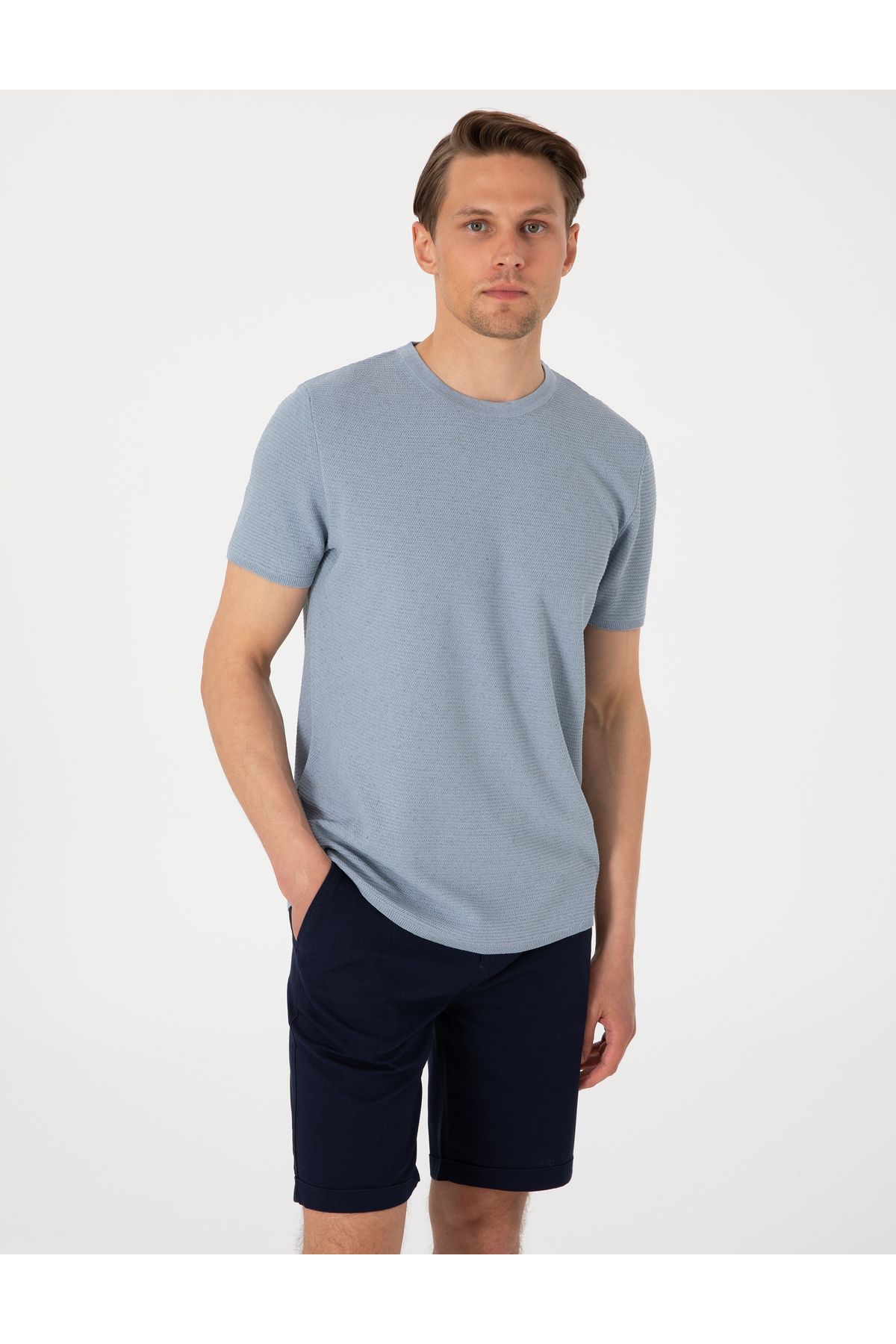 Pierre Cardin Mavi Slim Fit Keten Karışımlı Triko Tişört 50305973-VR036