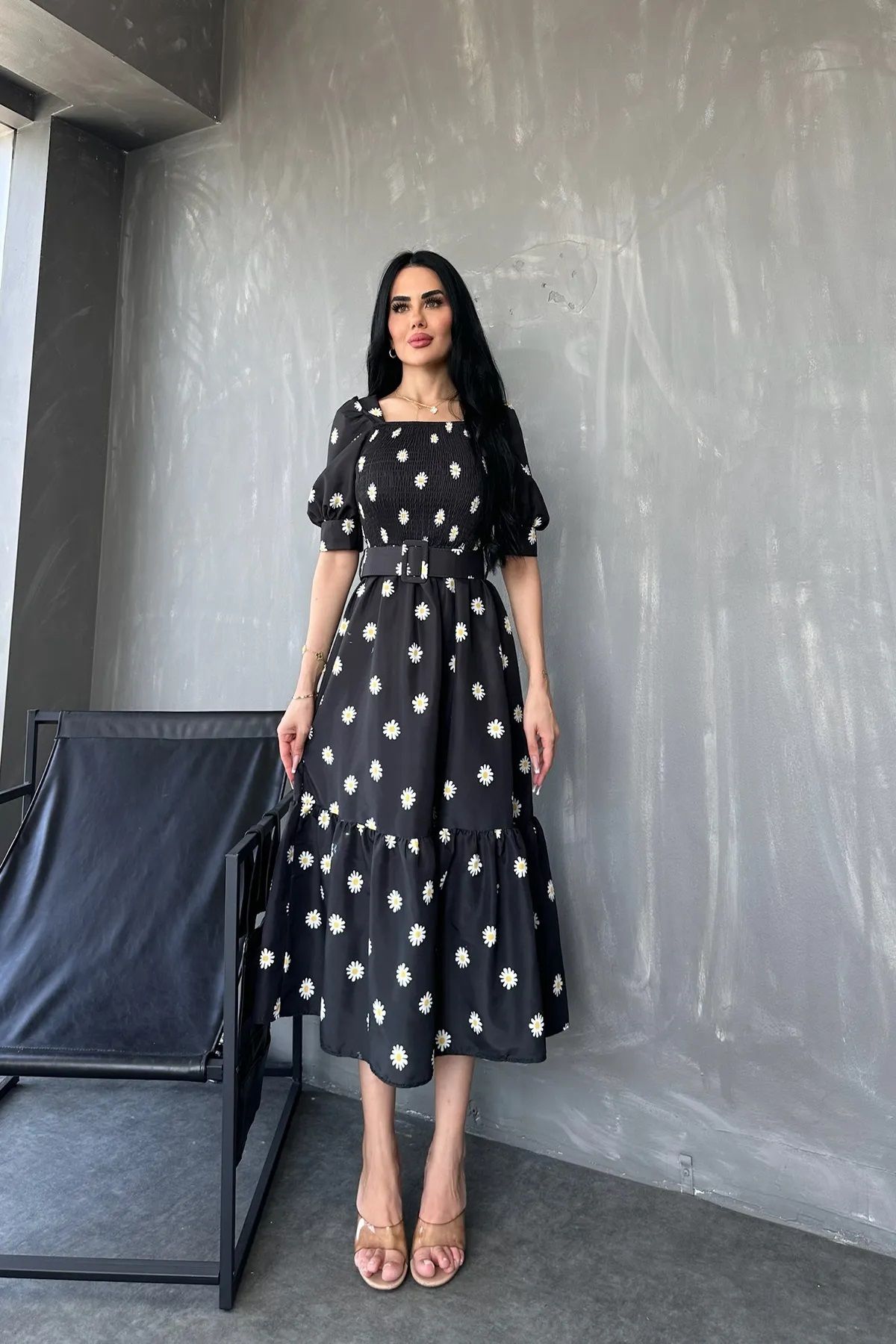 GALAVİP Kare Yaka Poplin Kumaş Çiçek Desenli Kemerli Yazlık Elbise Standart Beden S/M/L/XL Uyumlu