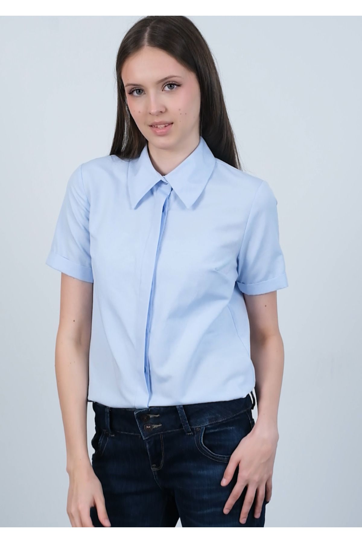 PERA MODA Poplin Kumaş Kısa Kollu Gizli Düğmeli Gömlek
