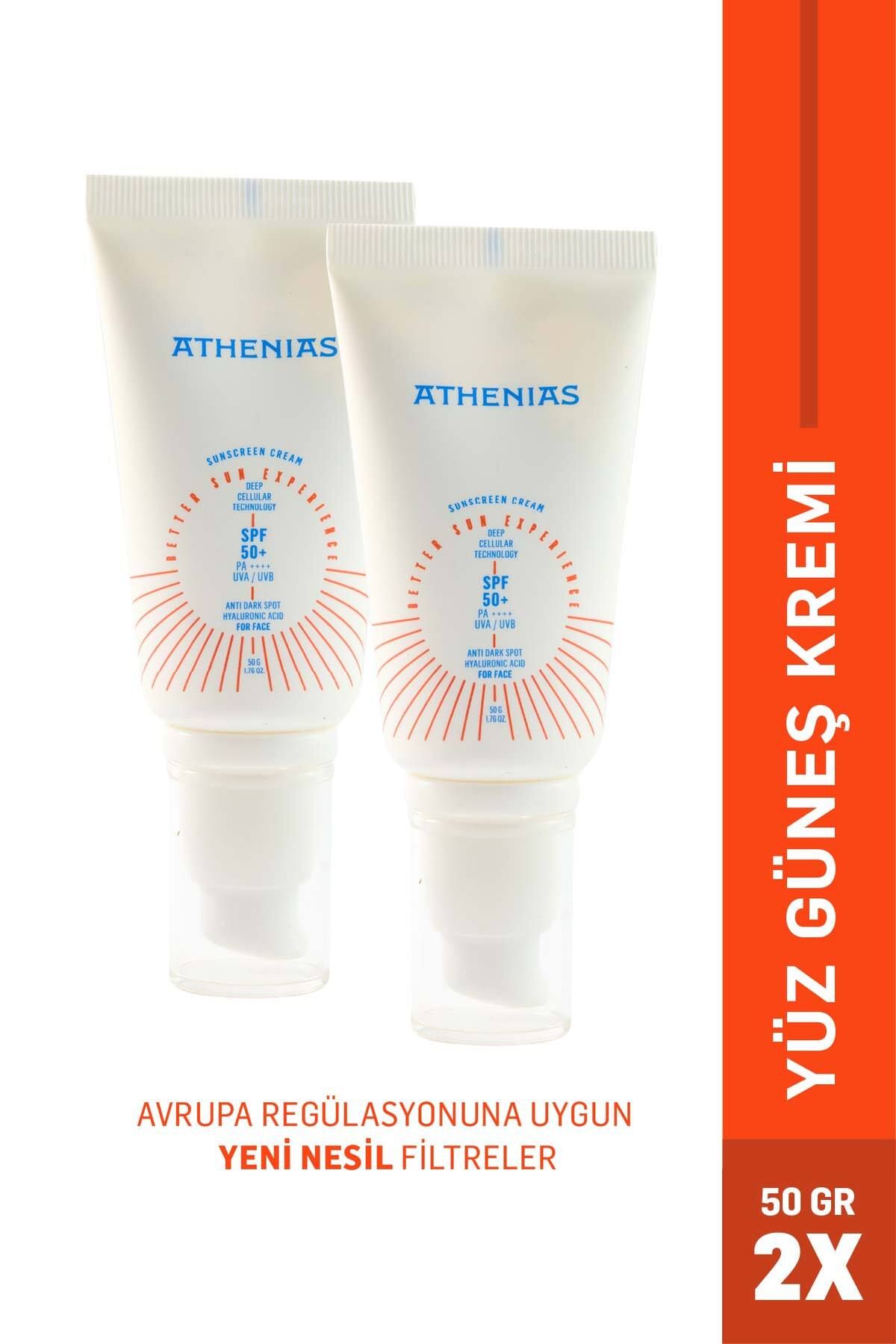 Athenias Sunscreen Anti Dark Spot SPF50+ Tüm Cilt Tipleri Uva Uvb yüz güneş kremi 50 gr x 2 Adet