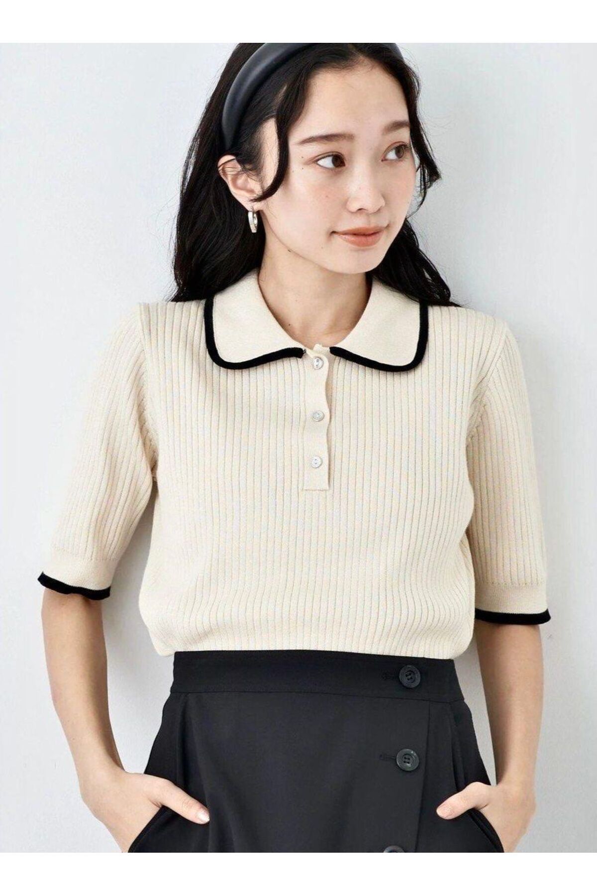 De Pose Polo Yaka Old School Düğmeli Şerit Çizgili Basic Triko Kadın T-Shirt