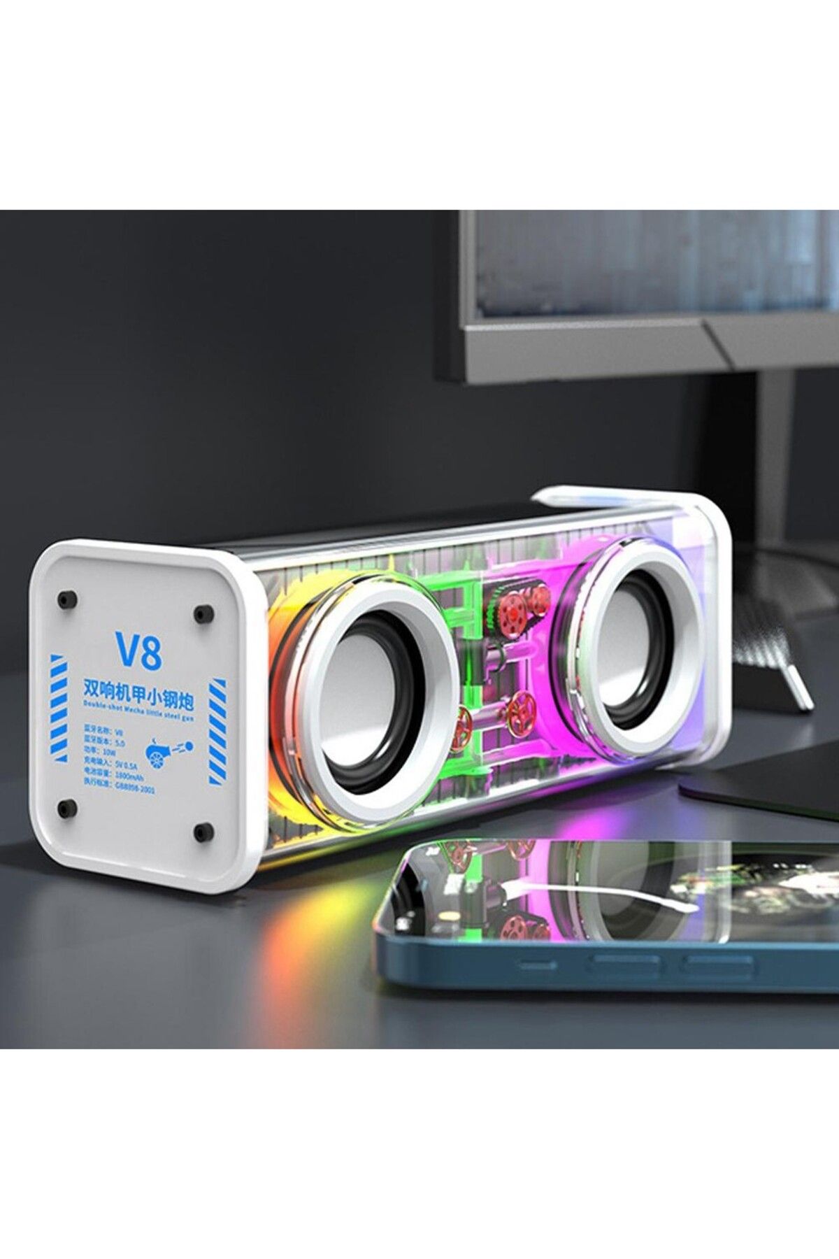 UralTeknik V8 Şeffaf Çift Bobin Bluetooth Hoparlörler Rgb Işık Kablosuz Açık Hava Sporları Bluetooth Ses Tws