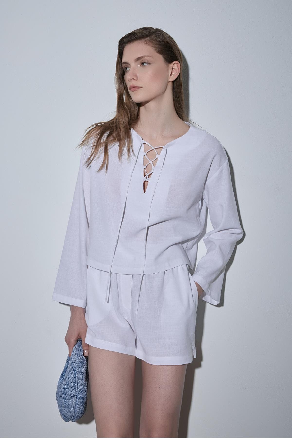 Suud Collection Beyaz Zoe Bağlamalı Keten Bluz