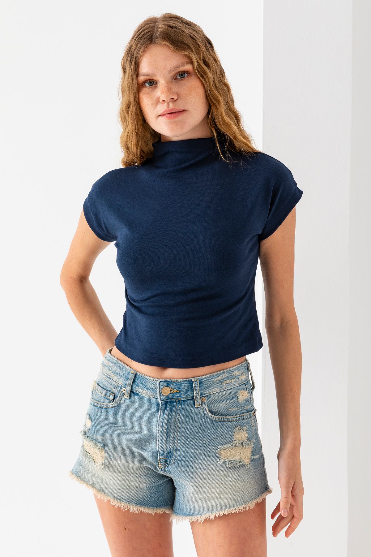 GİYSA Kadın Dik Yaka Pamuklu Basic T-Shirt Lacivert - 25872