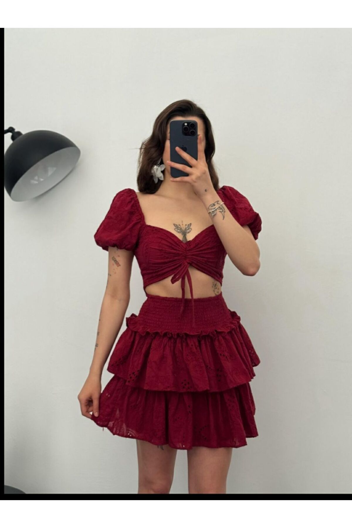 BRGCLOTHING Kadın Önü Büzgülü Etekli Croplu Takım