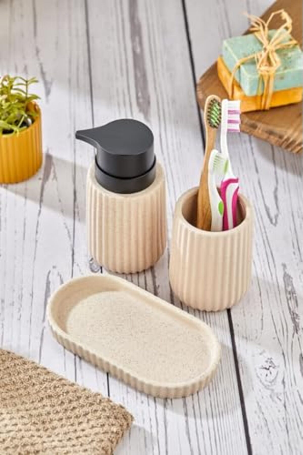 ShopZum Cooker 3 Parça Lüx Modern Seramik Sıvı Sabunluk Bej
