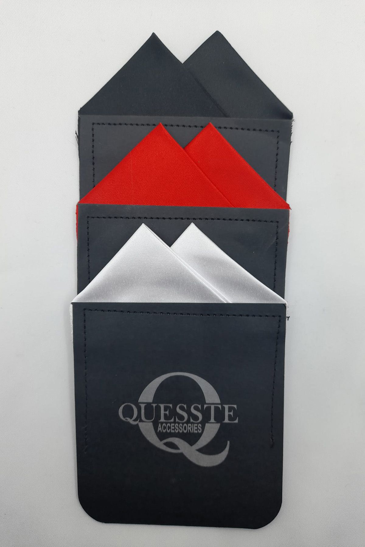 Quesste Accessory Erkek 3 Lü Siyah Kırmızı Beyaz Hazır Katlanmış Üçgen Model Cep Yaka Mendili