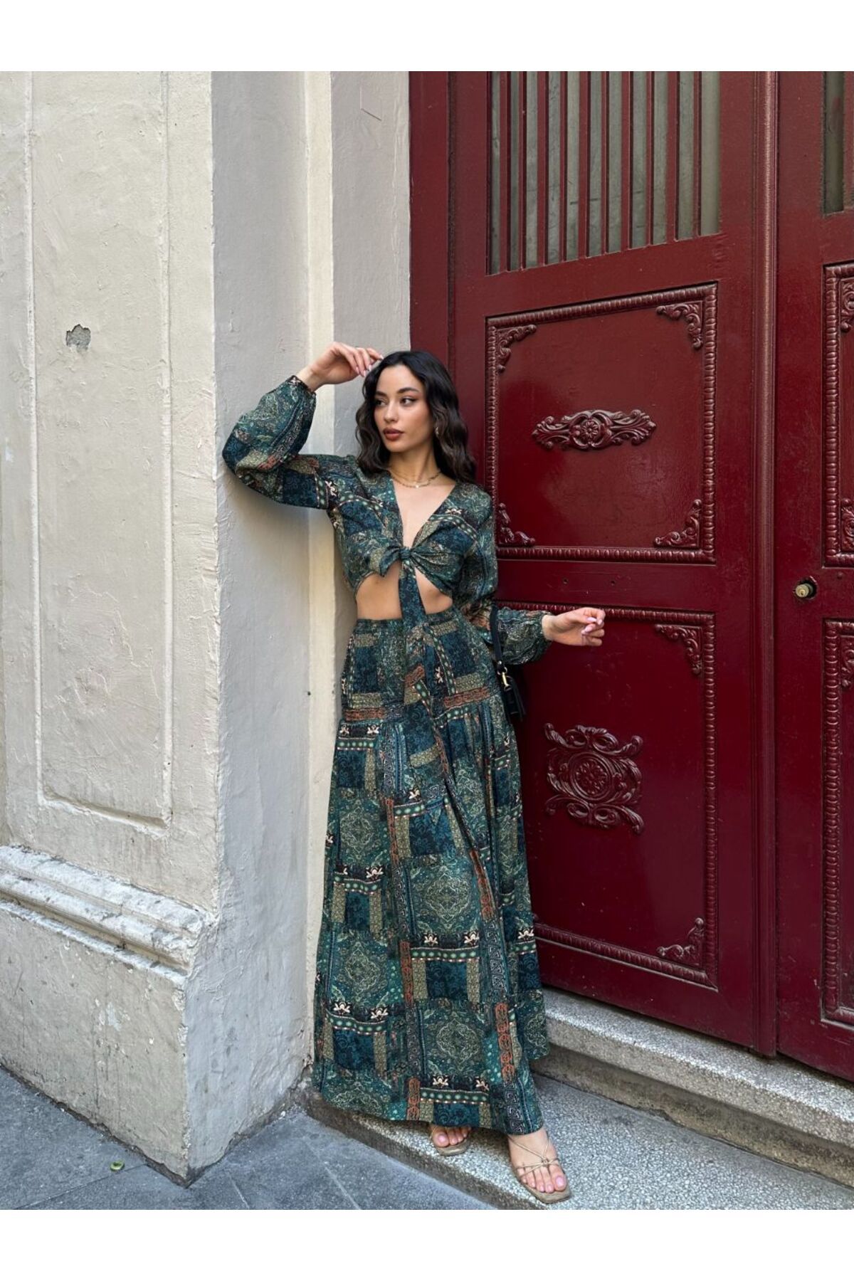 BRGCLOTHING Kadın İthal Gipe Detay Etnik Desen Viskon Etek Takım