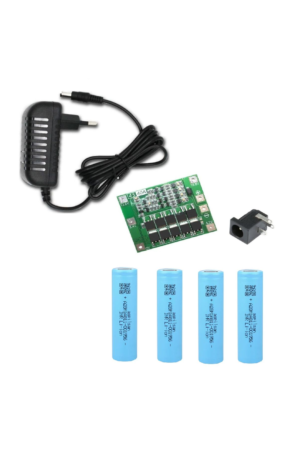 Osman CANDAN plastik 4 Adet Aspilsan Li-ion Pil, 4S 40A BMS, 18 Volt 1 Amper Adaptör ve 5,5x2,5 Dişi Soket