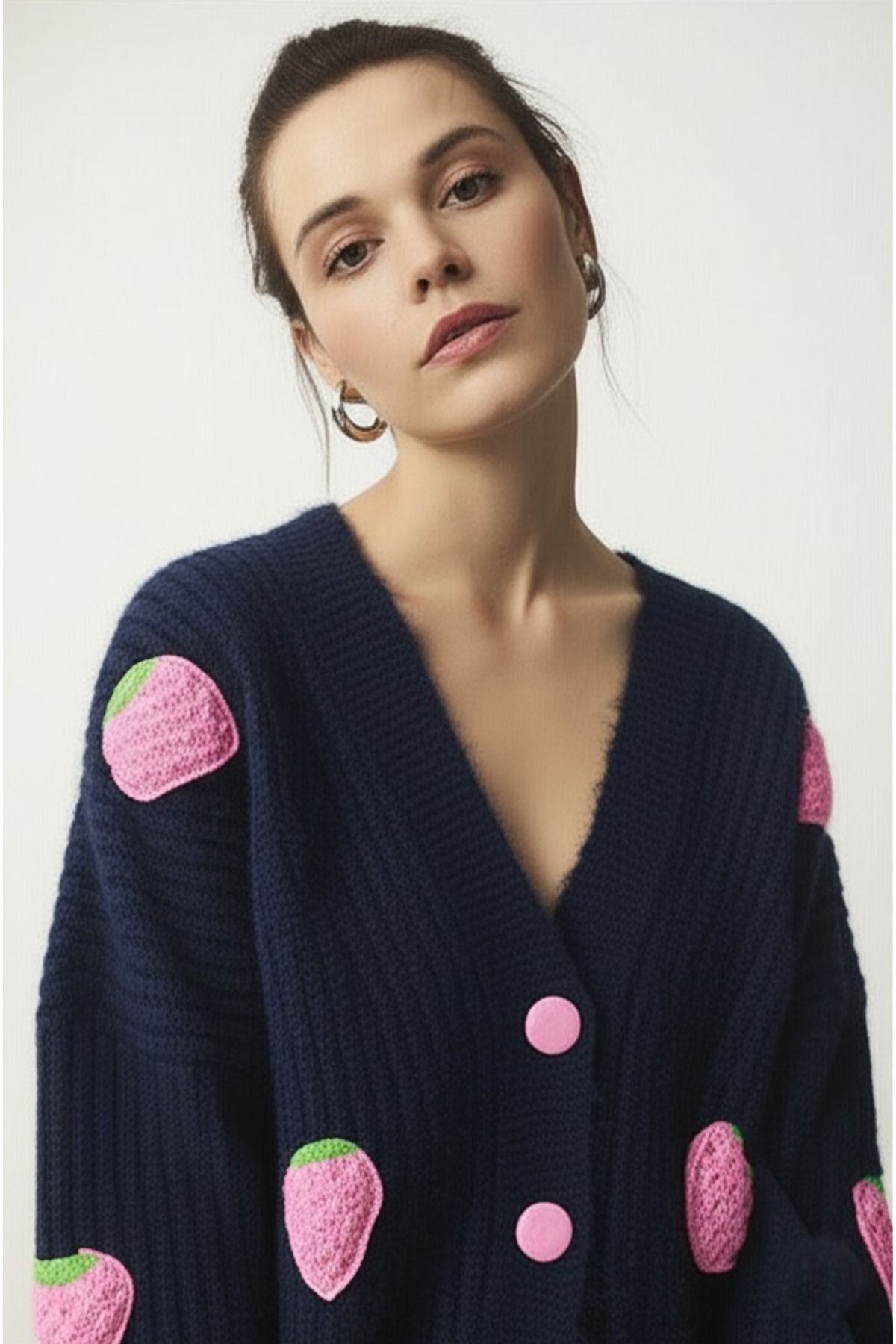 FLEX FASHION Çilek detaylı Oversize Triko Hırka lacivert