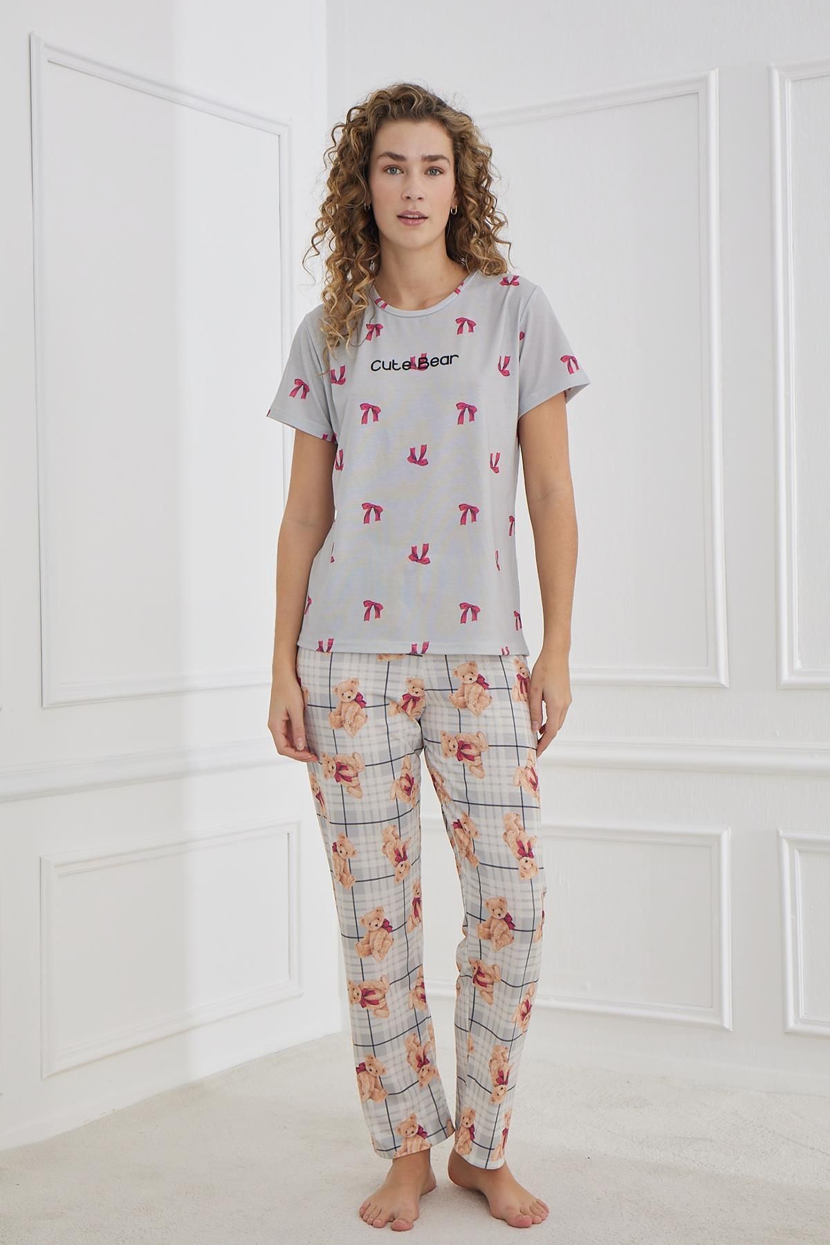 Kompedan Kadın Desenli Likralı Süprem Bisiklet Yaka Pijama Takım | Gri 70109-1220