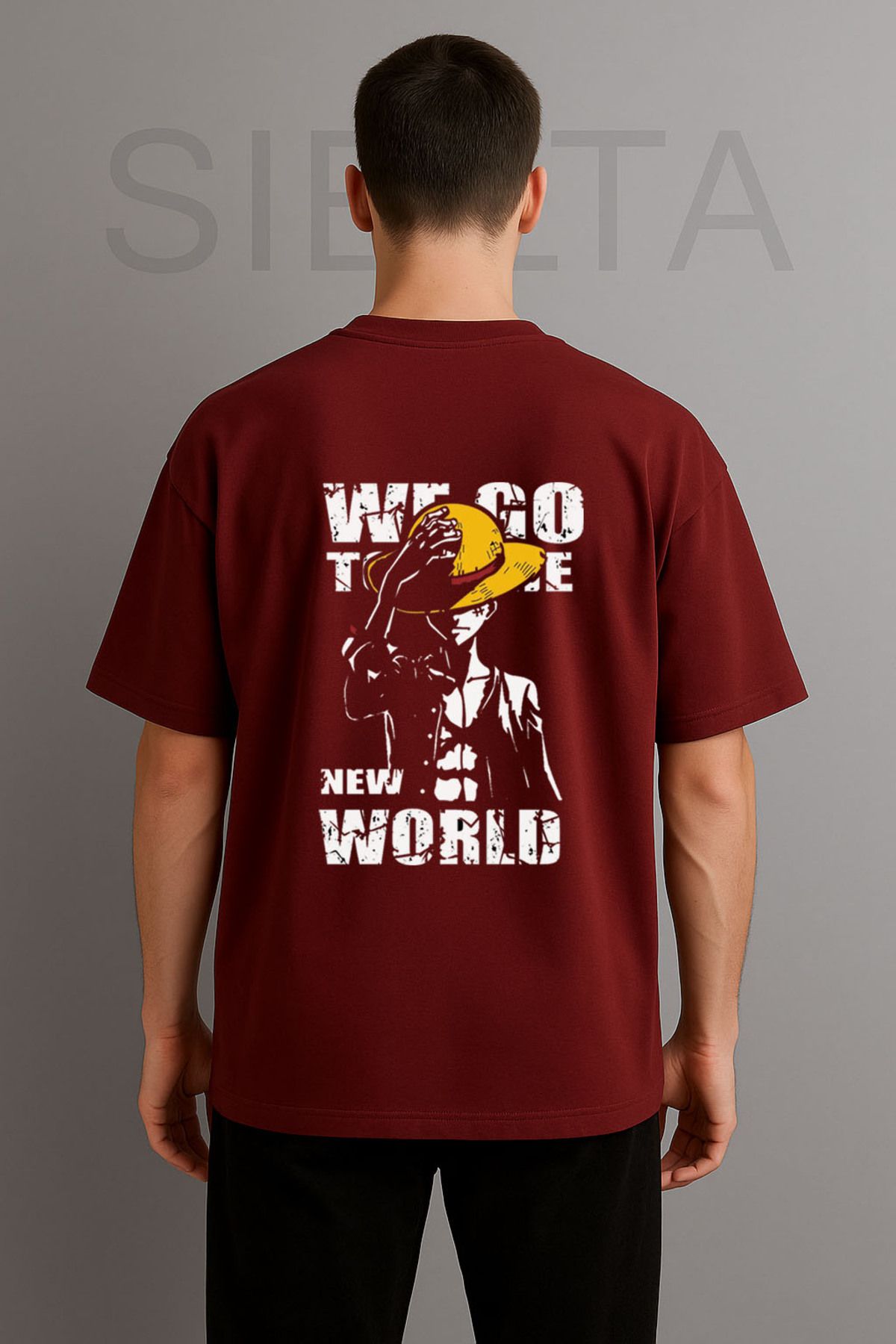 sielta One Piece Anime Baskılı Bisiklet Yaka Oversize Bordo Tişört T-shirt