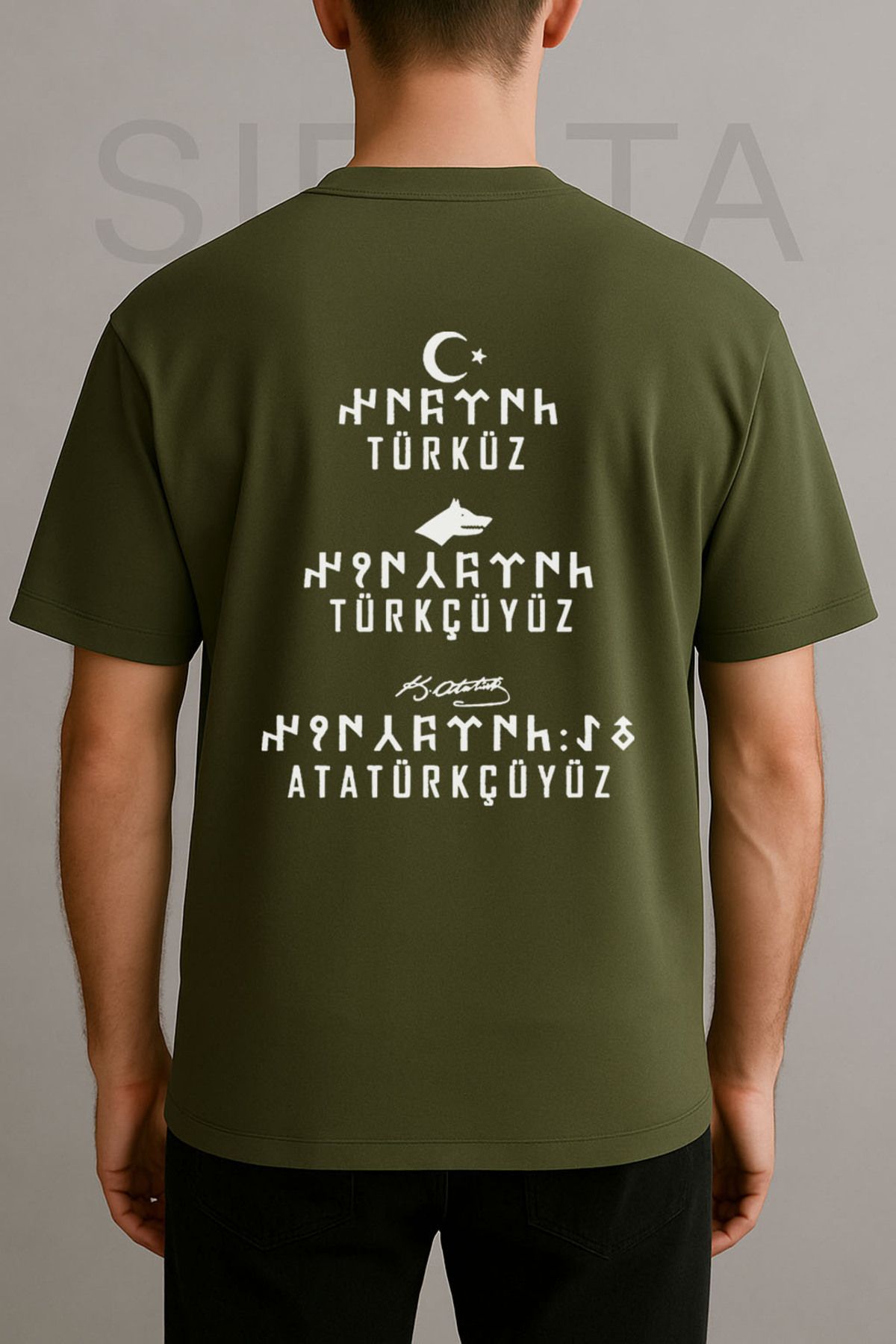 Darkia Türküz Türkçüyüz Atatürkçüyüz Baskılı Bisiklet Yaka Oversize Yeşil Tişört T-shirt