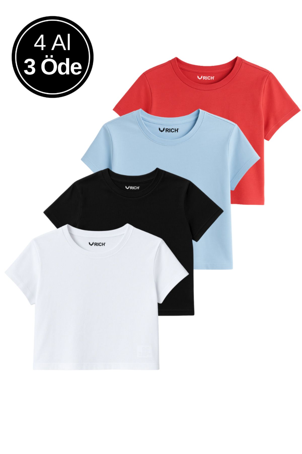 Rich Kadın 4'lü Paket Oversize Crop Tişört %100 Pamuk Bisiklet Yaka T-Shirt