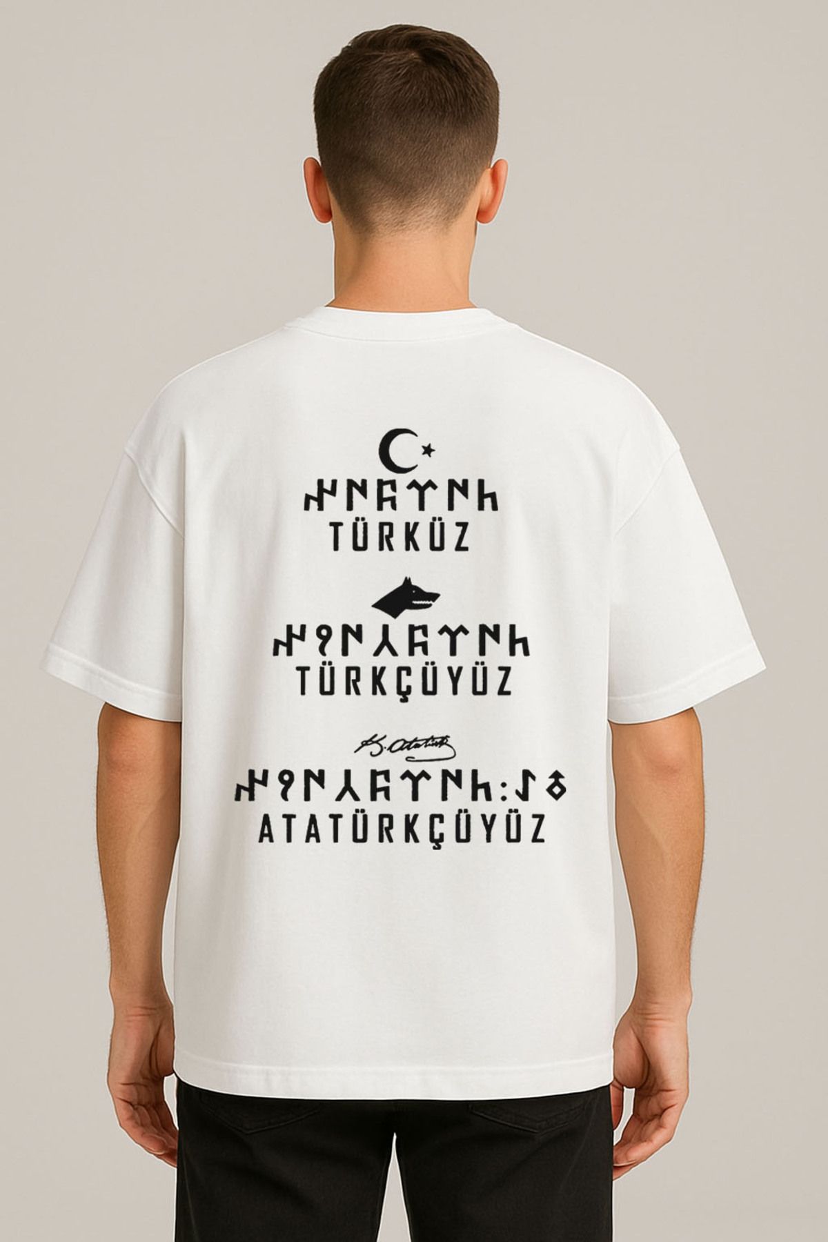 Darkia Türküz Türkçüyüz Atatürkçüyüz Baskılı Bisiklet Yaka Oversize Beyaz Tişört T-shirt