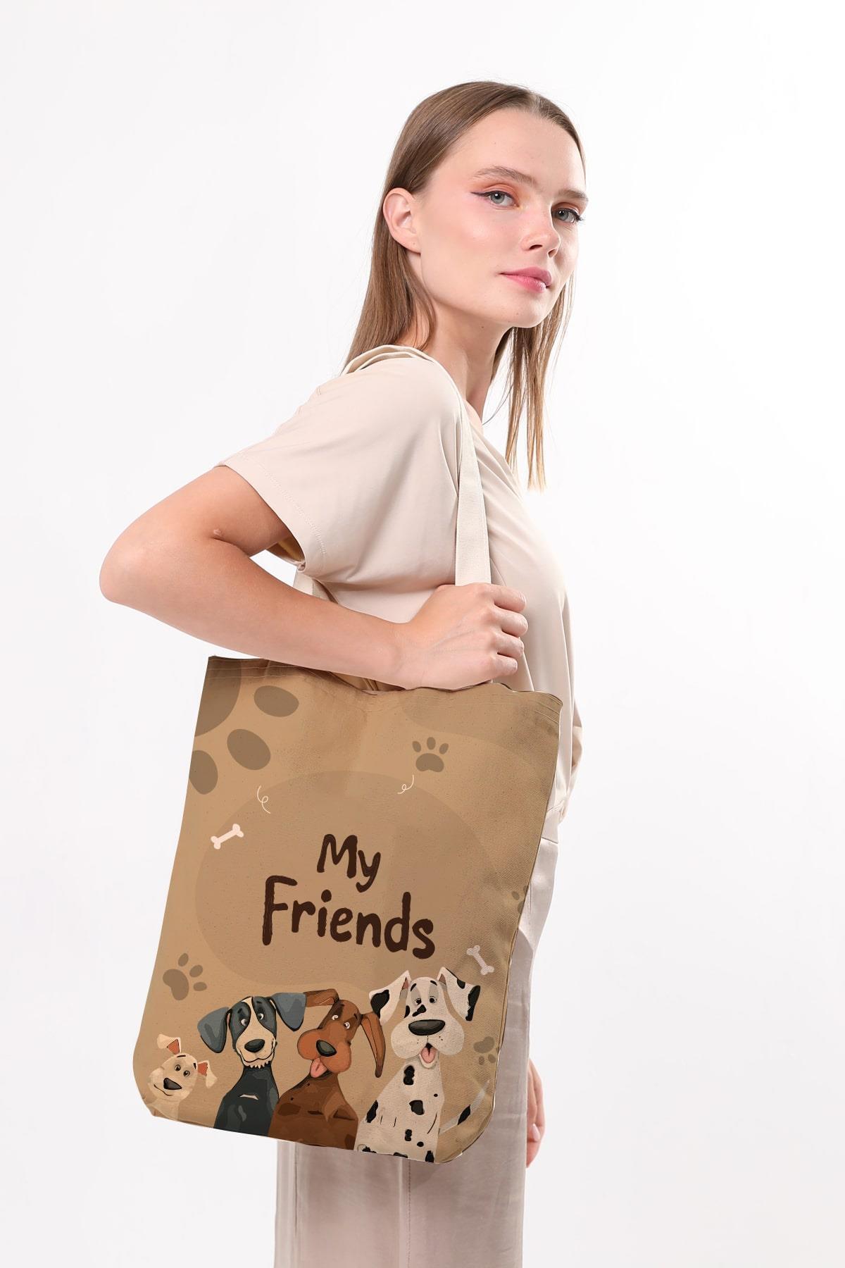 Çınar Bez Çanta  Kanvas Arkadaş Köpekler Baskılı Bez Çanta - Görsel 3