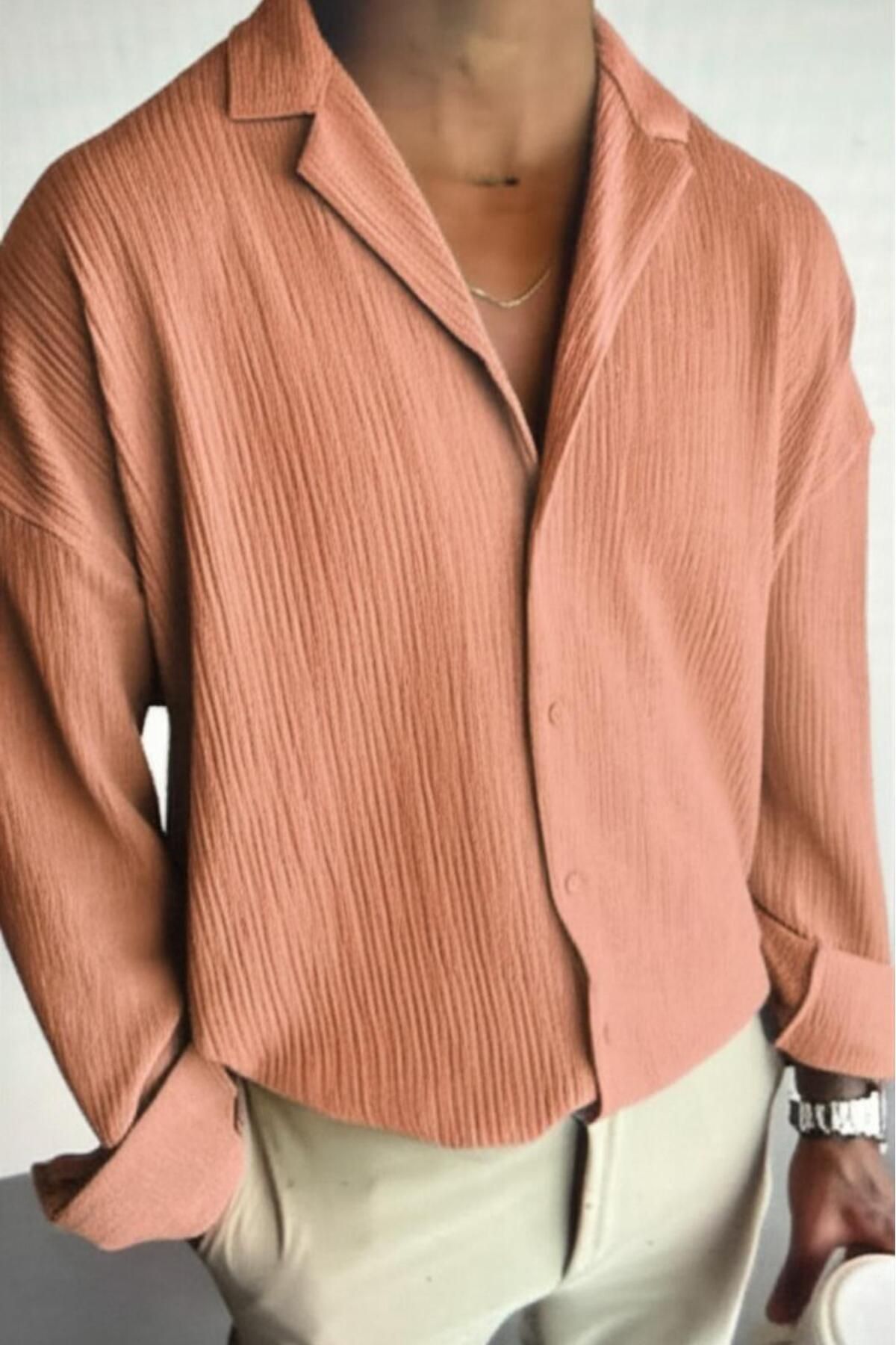 NO 601 Erkek Somon Pembe Oversize Bürümcük Kumaş Gömlek