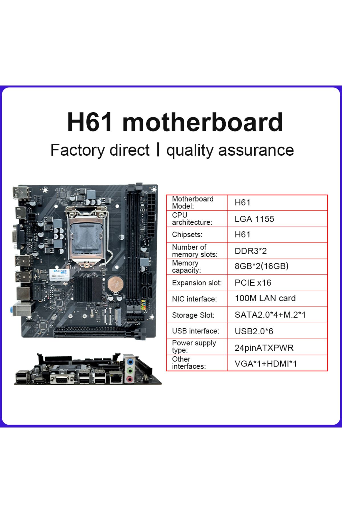 ENVINDA-مجموعة اللوحة الأم H61 LGA 1155 متوافقة مع وحدة المعالجة المركزية Intel Core من الجيل الثاني والثالث 4