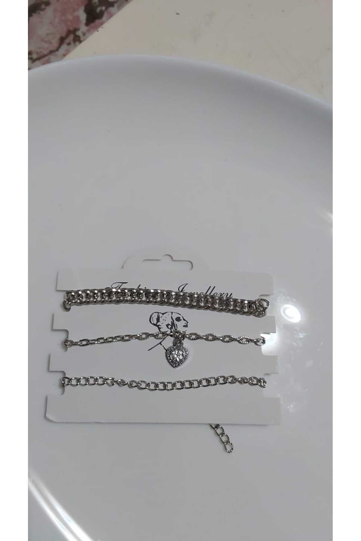 BESMYAR JEWELS Gümüş Renkli Üçlü Zincir Bileklik Seti