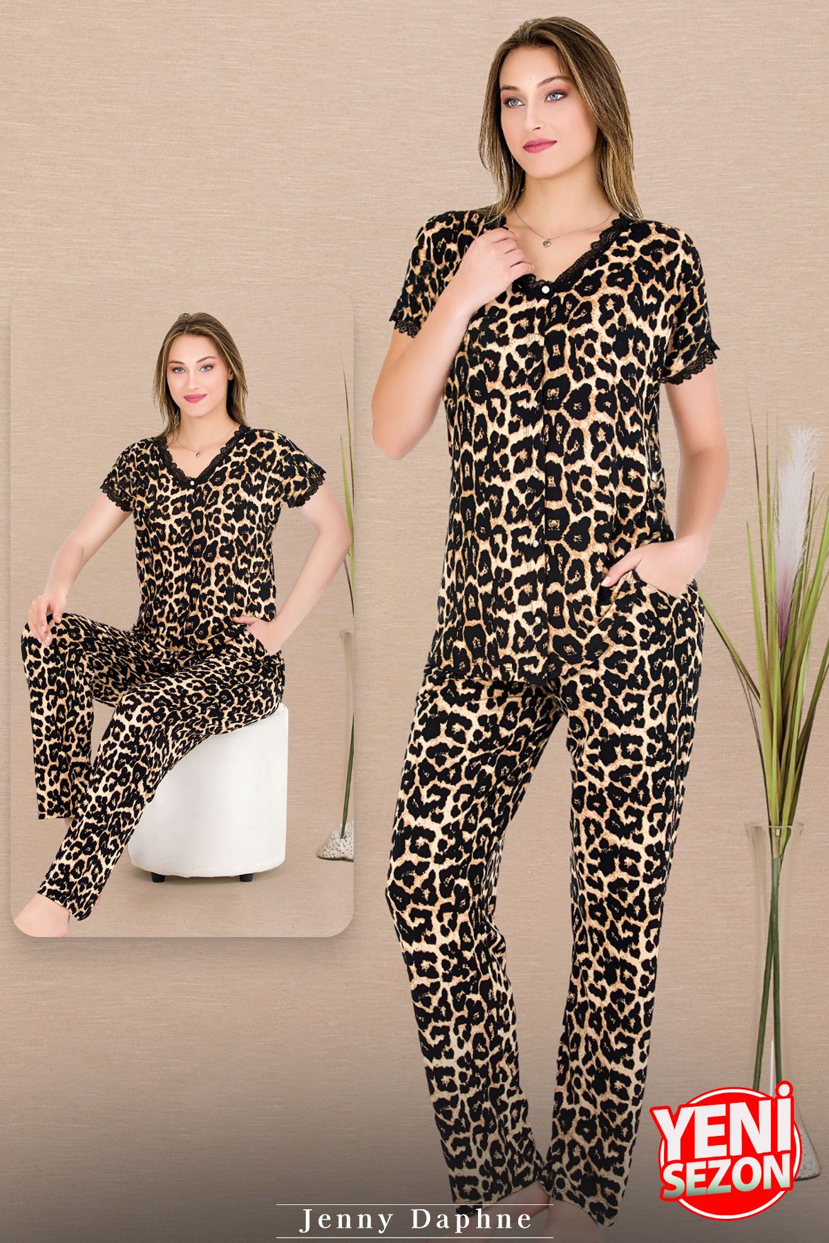 Jenny Daphne Lady Leopar Desenli Pijama Düğmeli Üst Kısa Kollu Pijama Takımı 12482