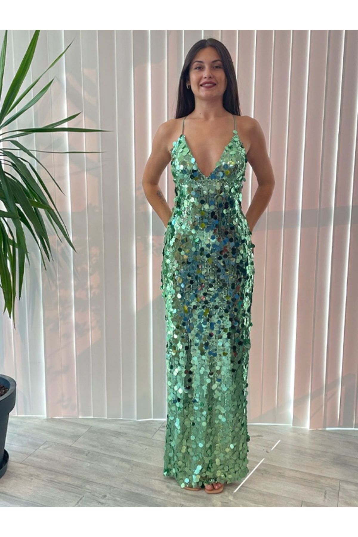 Always Dress Yeşil Pul Payet Elbise