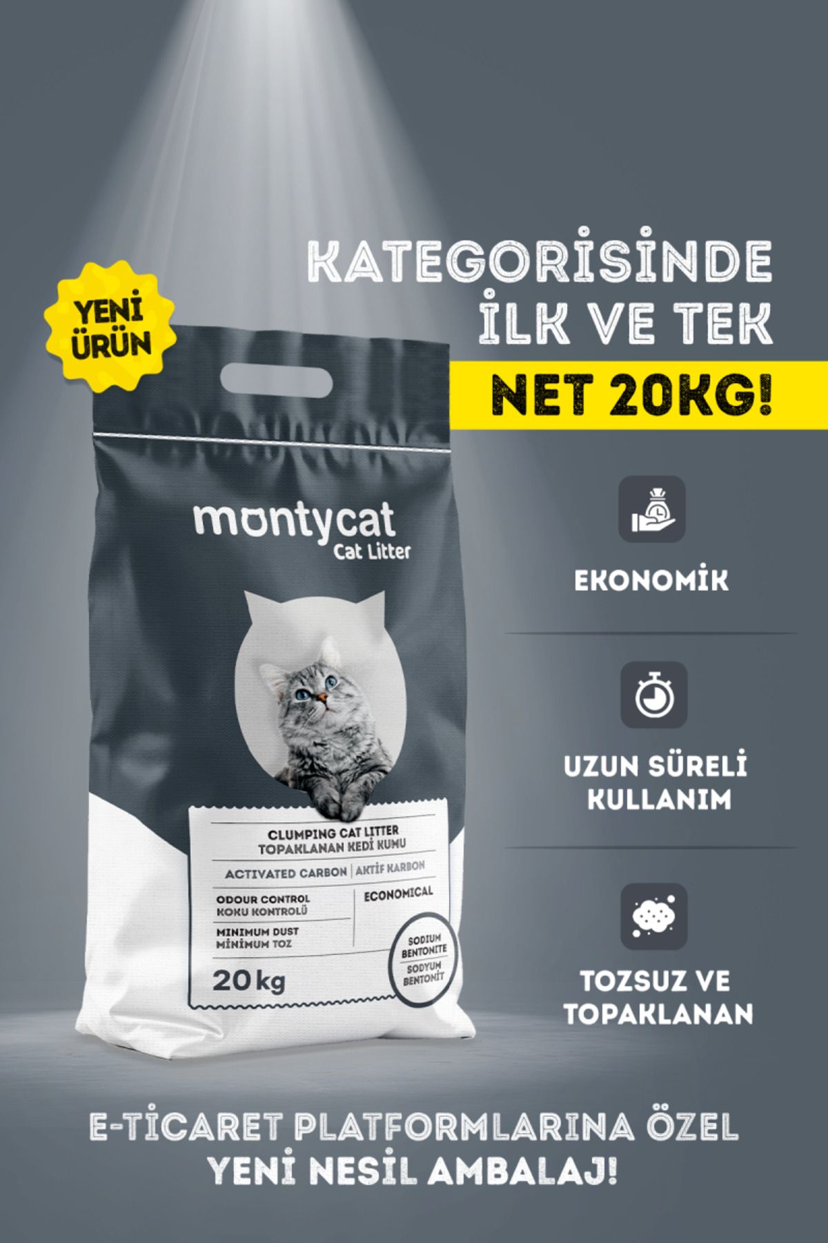 Montycat Net 20KG Yeni Nesil Avantajlı, Aktif Karbonlu, Topaklanan, Tozsuz, Koku Hapseden Bentonit Kedi Kumu