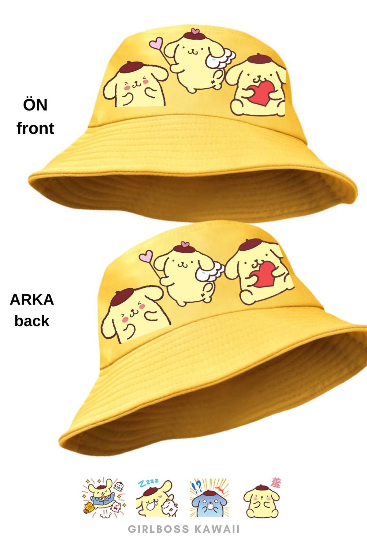 Girlboss Kawaii Girlboss Pompompurin bucket kova şapka sarı unisex 10 farklı model