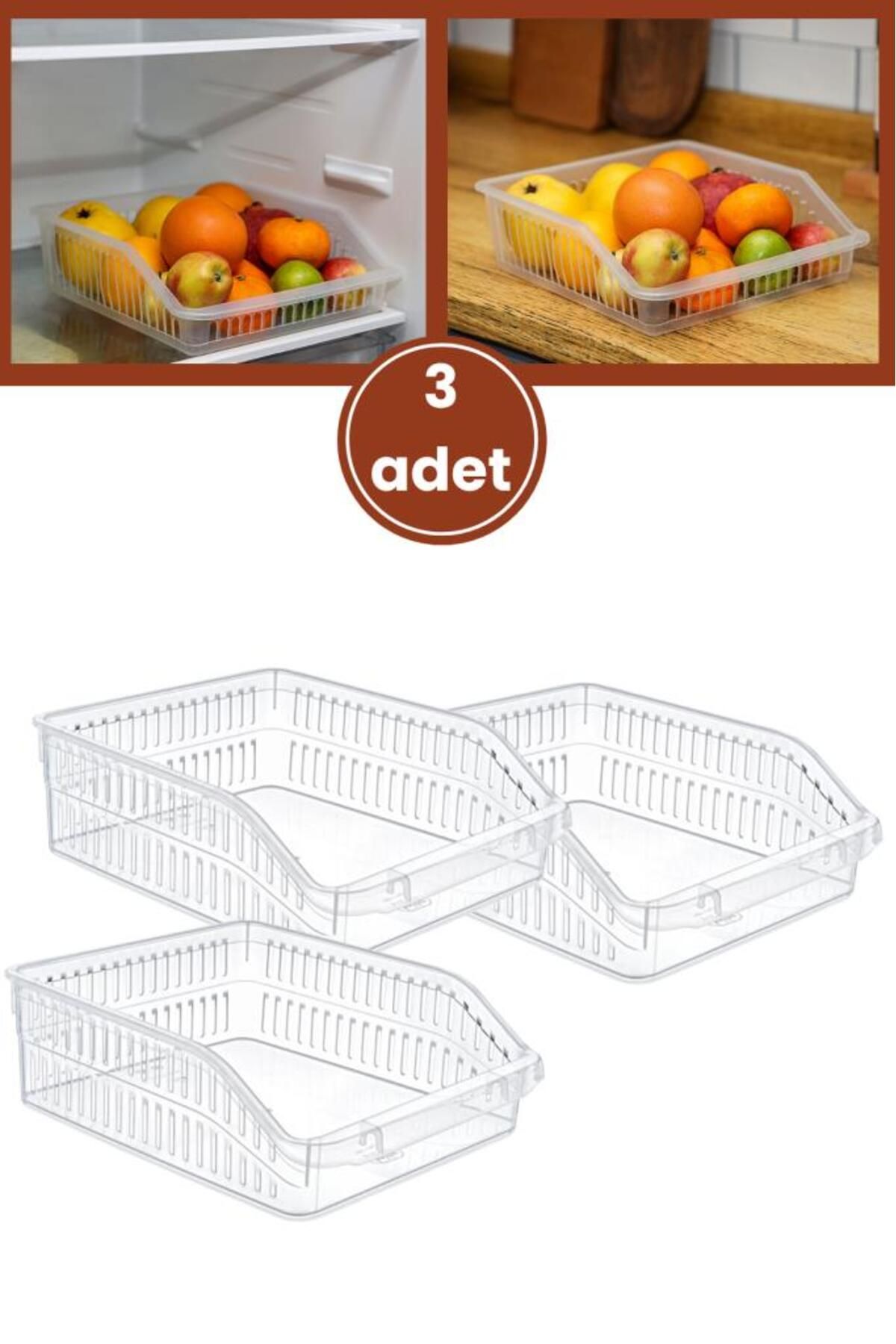 Flora 3 Adet Geniş Şeffaf Buzdolabı Sepeti, Mutfak Banyo Düzenleyici Sebze Meyve Erzak Organizer 3’lü Set