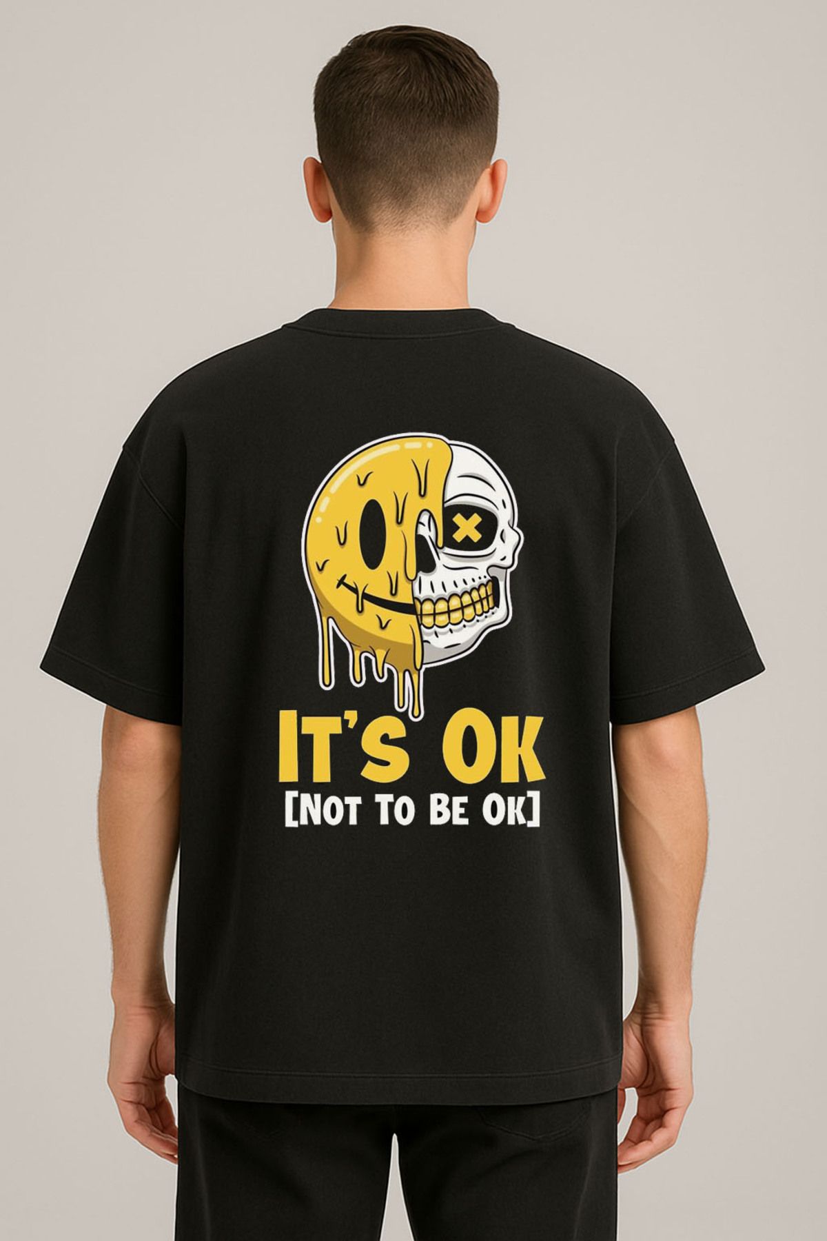 sielta Gülen Yüz Smile Kuru Kafa Baskılı Bisiklet Yaka Oversize Siyah Tişört T-shirt